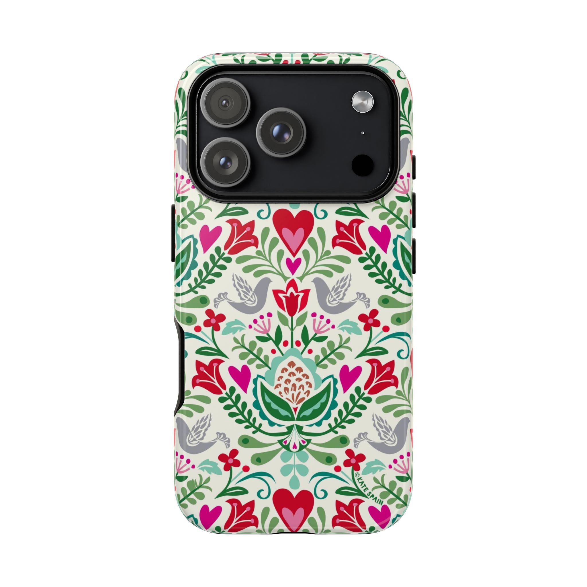 Rosemaling Tough iPhone 17 Pro Case – Glossy | cream, red, pink, green, gray folk art floral bird print