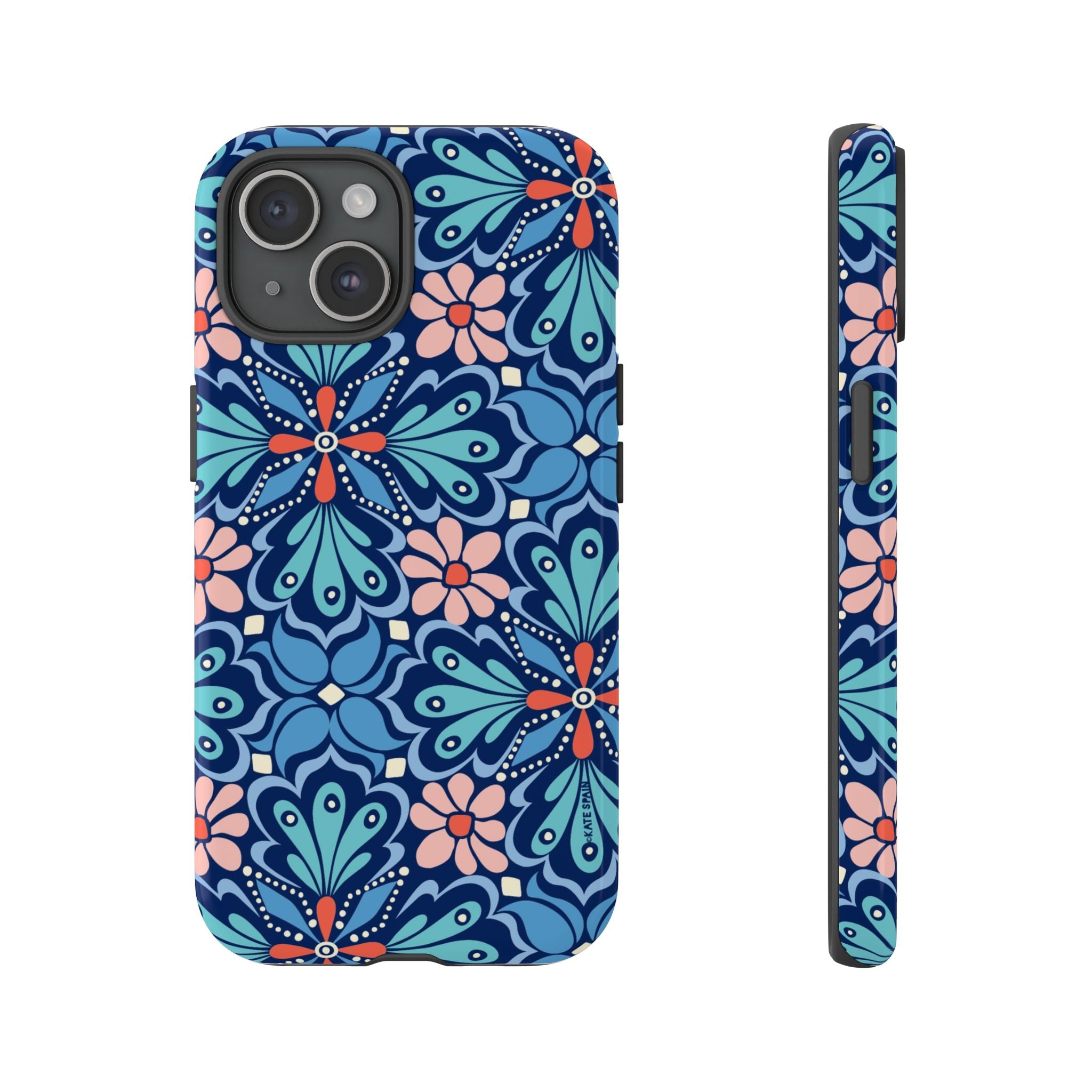 Bolero Tough iPhone 15 Case – Glossy | navy, cobalt, blush geometric medallion floral print