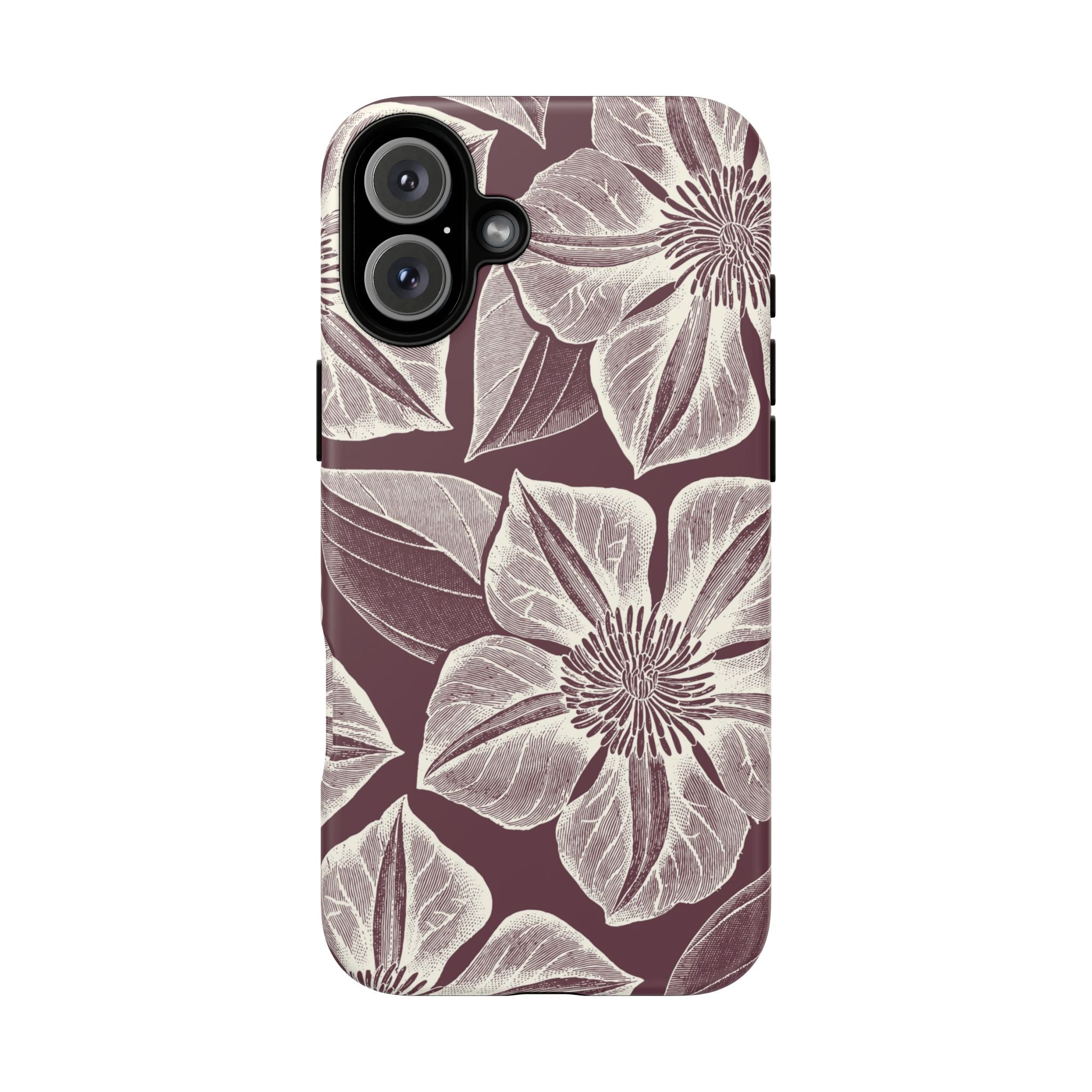 Vintage Bloom Burgundy iPhone 16 Plus case – Matte | burgundy ground, large-scale cream clematis print, engraved petal detail, dual-layer protection