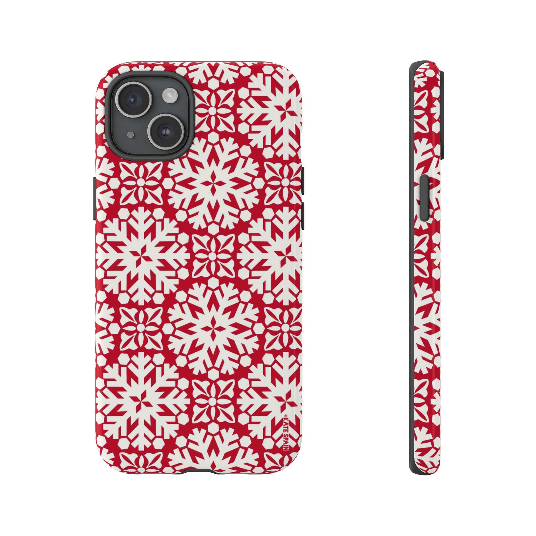 Flurry Tough iPhone 15 Plus Case – Glossy | red, cream geometric snowflake medallion print