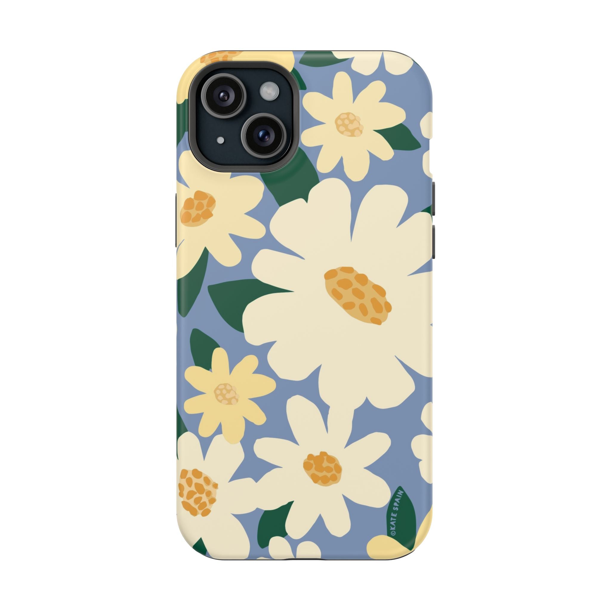 Chamomile MagSafe iPhone 15 Plus Case – Matte | periwinkle, cream, yellow botanical daisy floral print MagSafe compatible, dual-layer protection