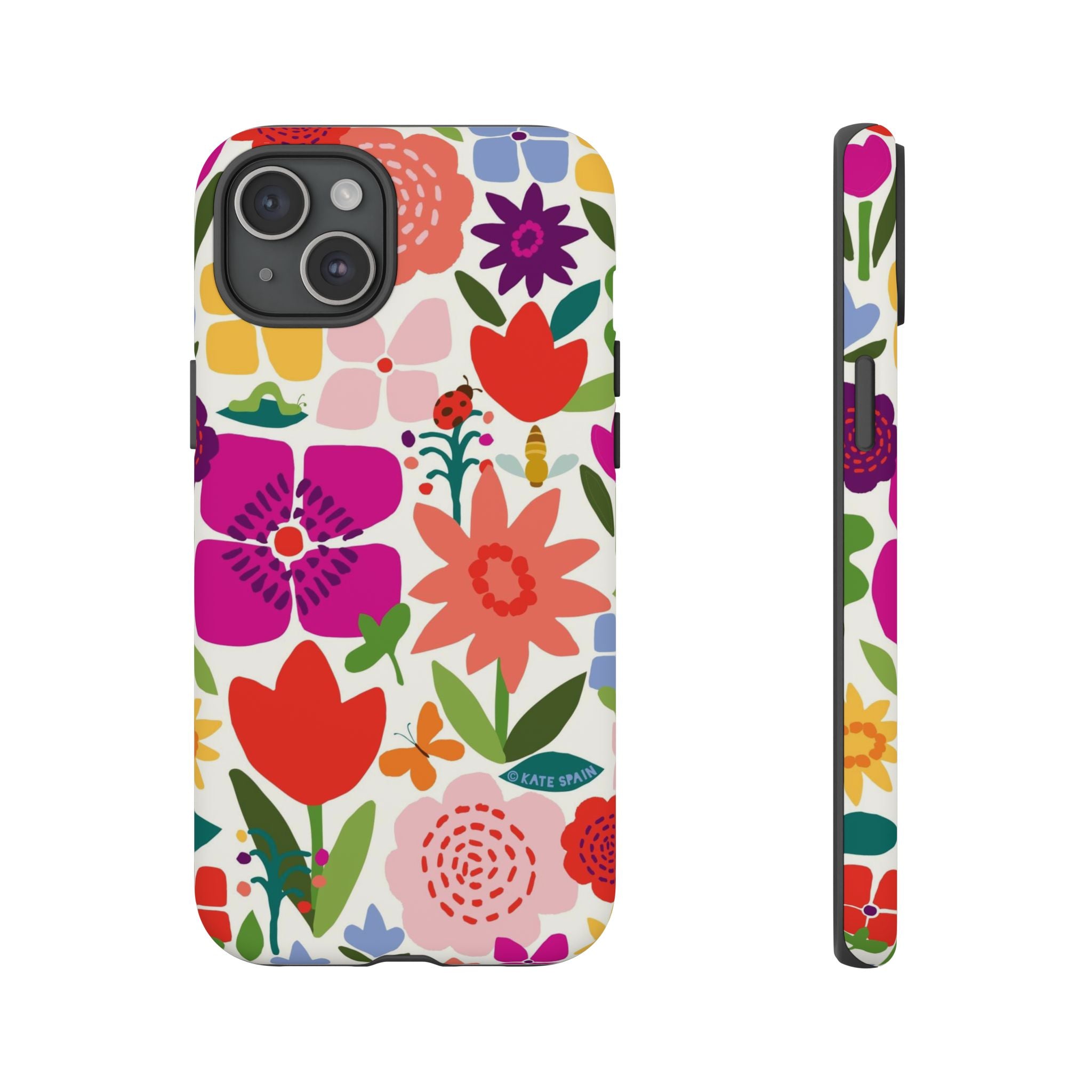 Happy Blooms Tough iPhone 15 Plus Case – Matte | cream, red, magenta, coral botanical floral print