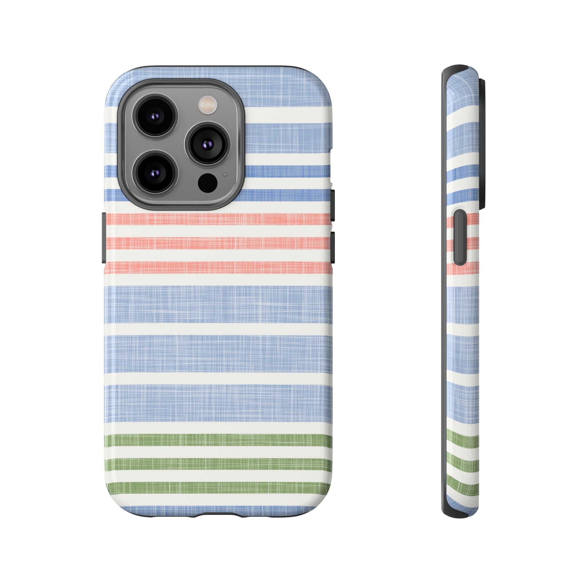 Cabana Stripe Pastel Tough iPhone 14 Pro Case – Glossy | soft blue, coral, sage green chambray-textured stripe print dual-layer protection