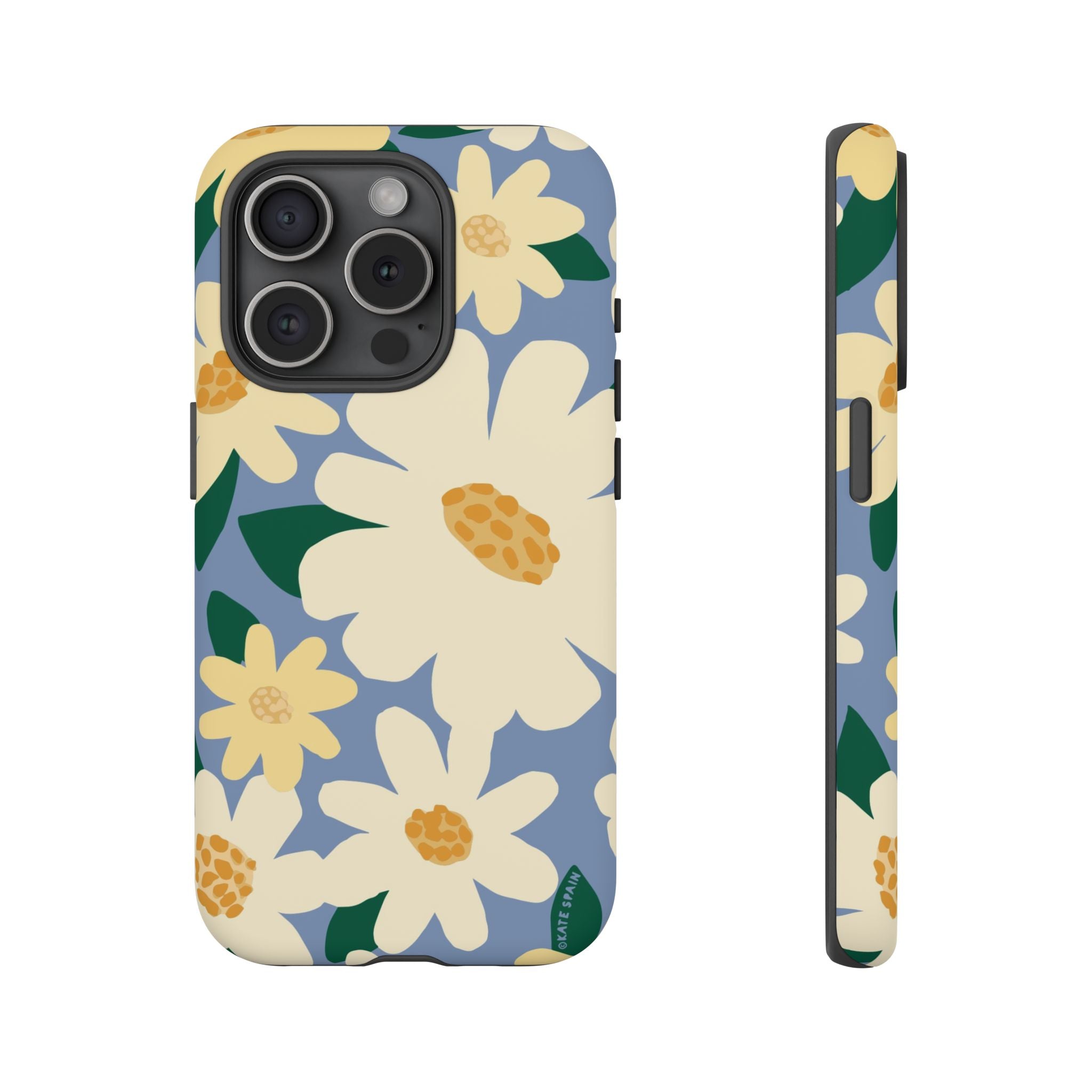 Chamomile Tough iPhone 15 Pro Case – Matte | periwinkle, cream, yellow botanical daisy floral print