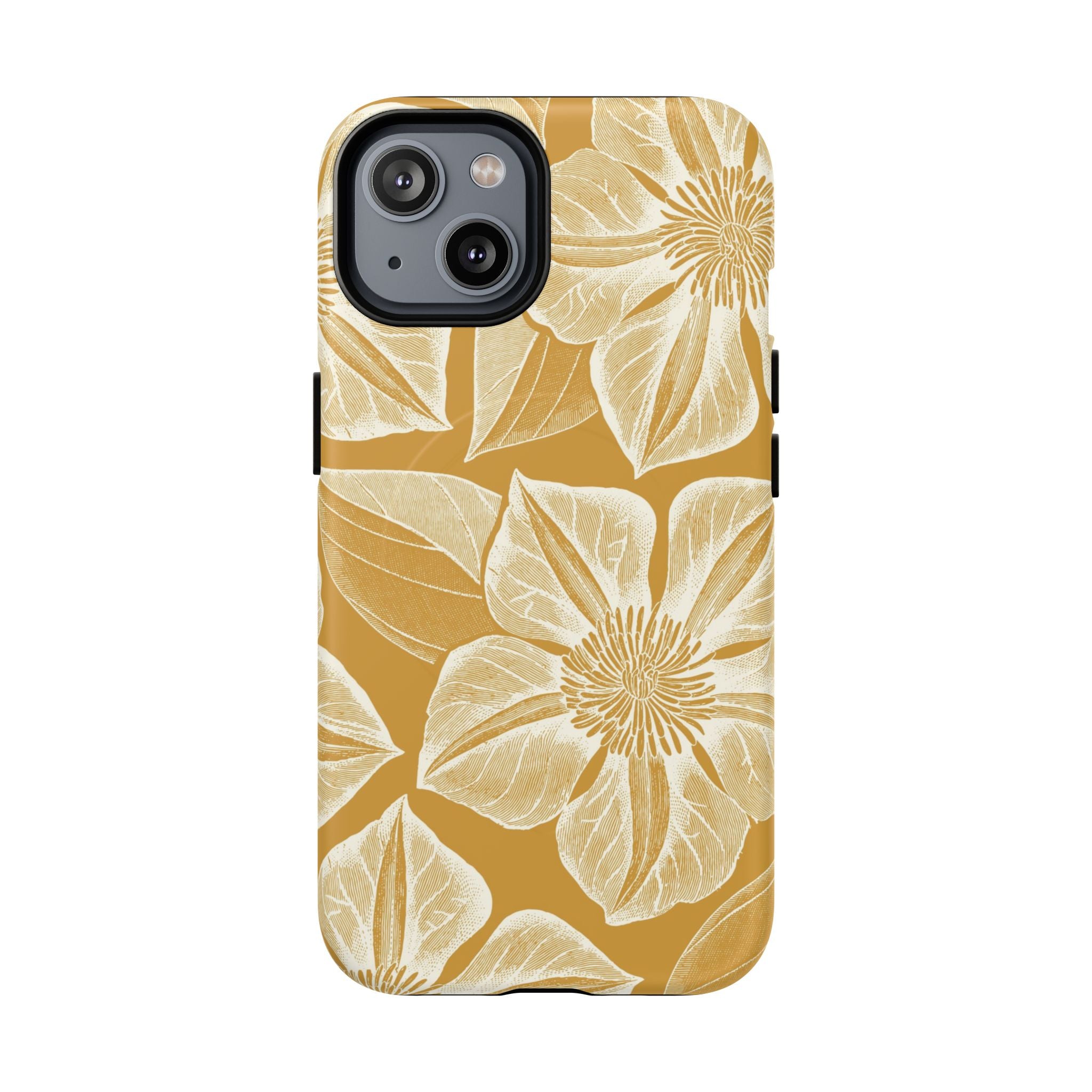 Vintage Bloom Gold MagSafe iPhone 14 Case – Matte | warm gold ground, large-scale cream clematis print, engraved petal detail, dual-layer protection