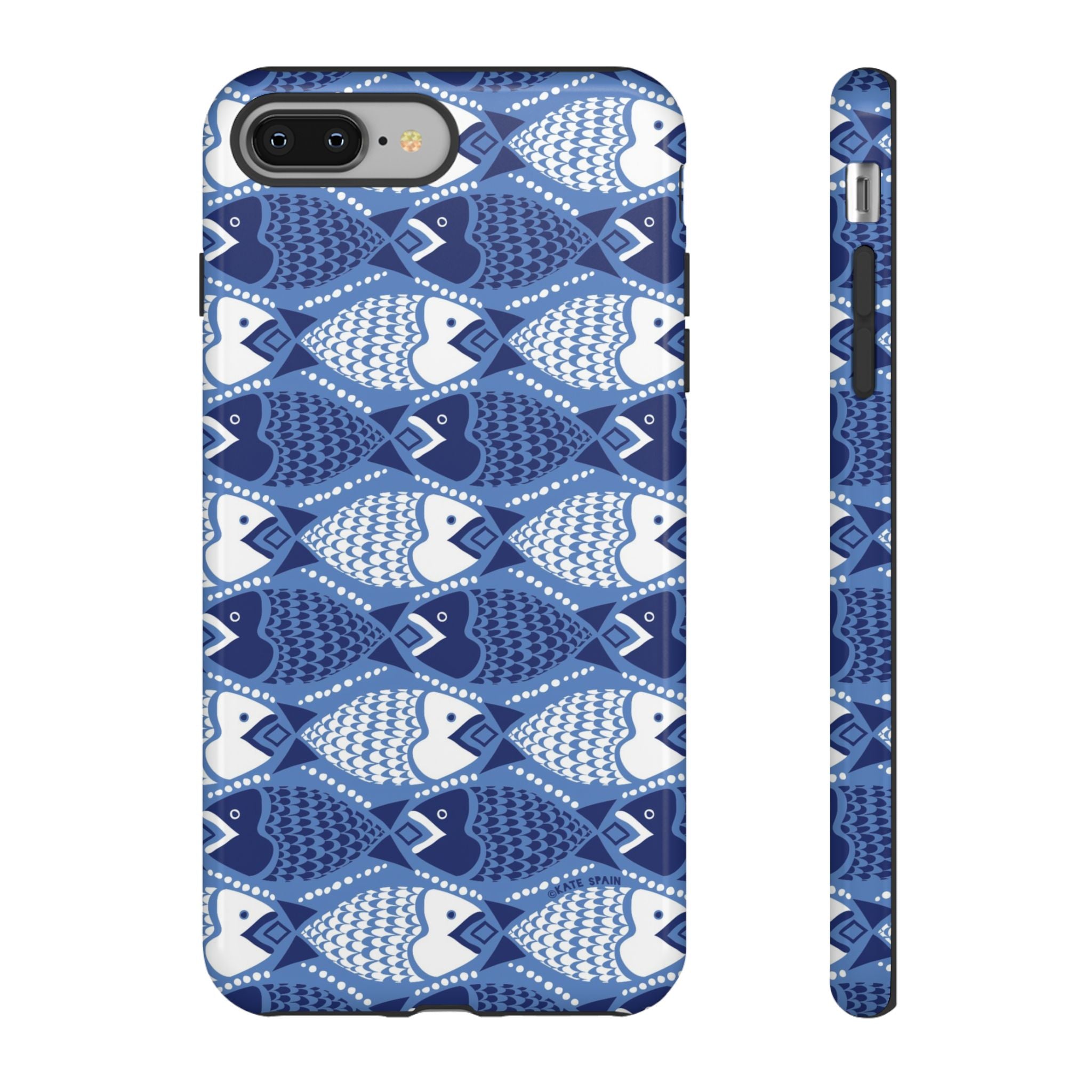 Catch of the Day Tough iPhone 8 Plus Case – Glossy | navy, blue, white geometric fish print