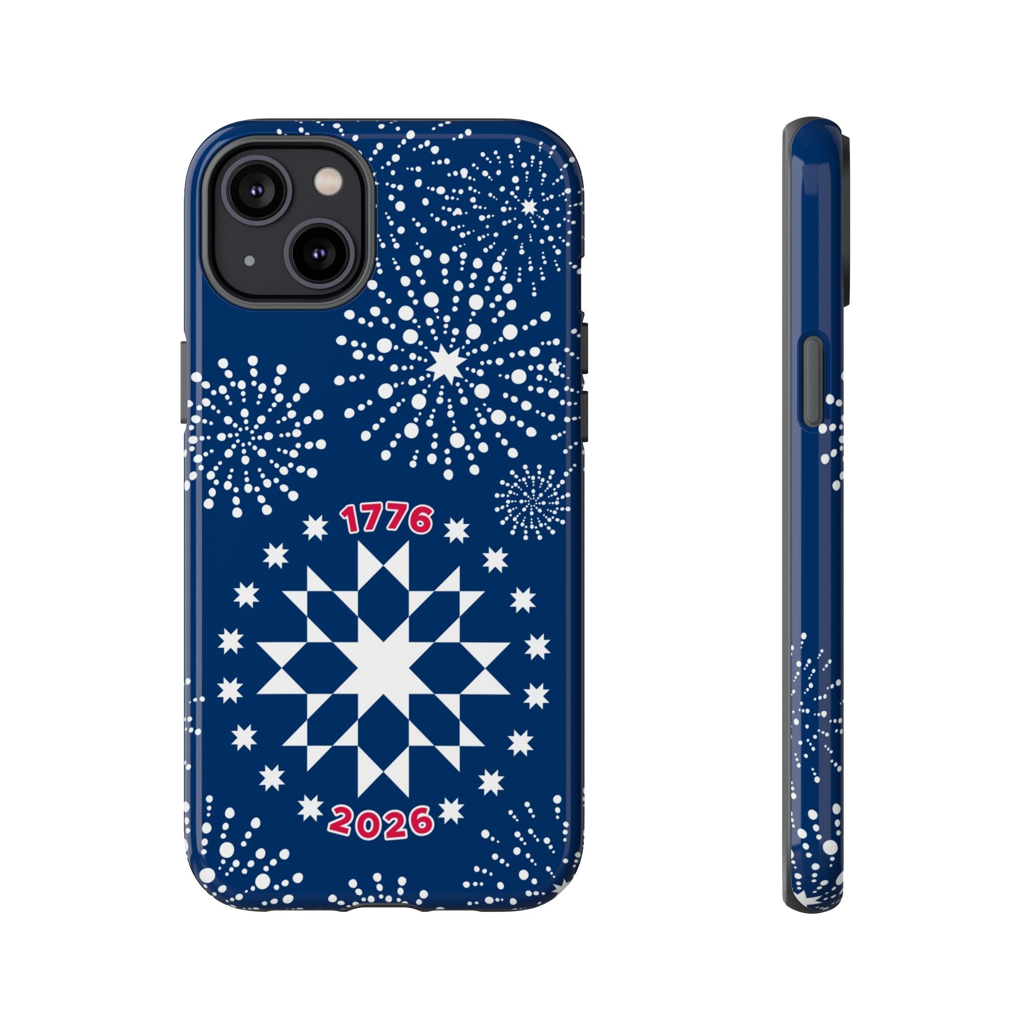 250th Fireworks Tough iPhone 14 Plus Case – Glossy | navy, white patriotic star quilt fireworks print