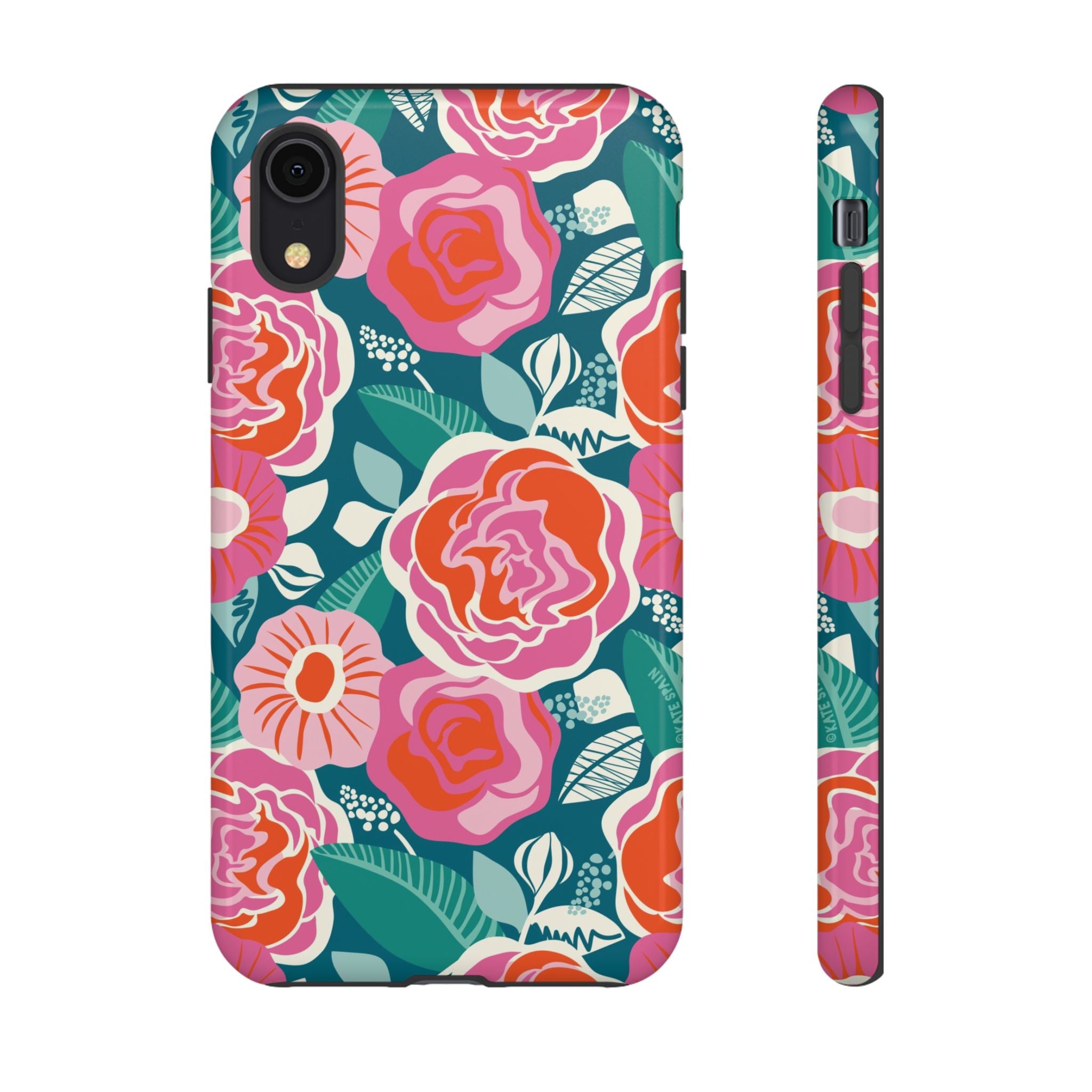 Tea Rose Teal Tough iPhone XR Case – Glossy | teal, coral, pink botanical rose floral print