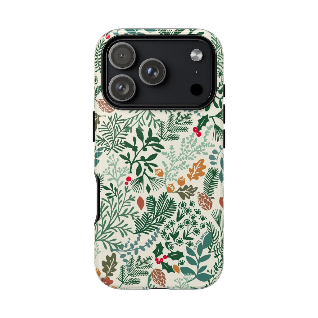 Juniper Tough iPhone 17 Pro Case – Glossy | cream, green, red botanical woodland print