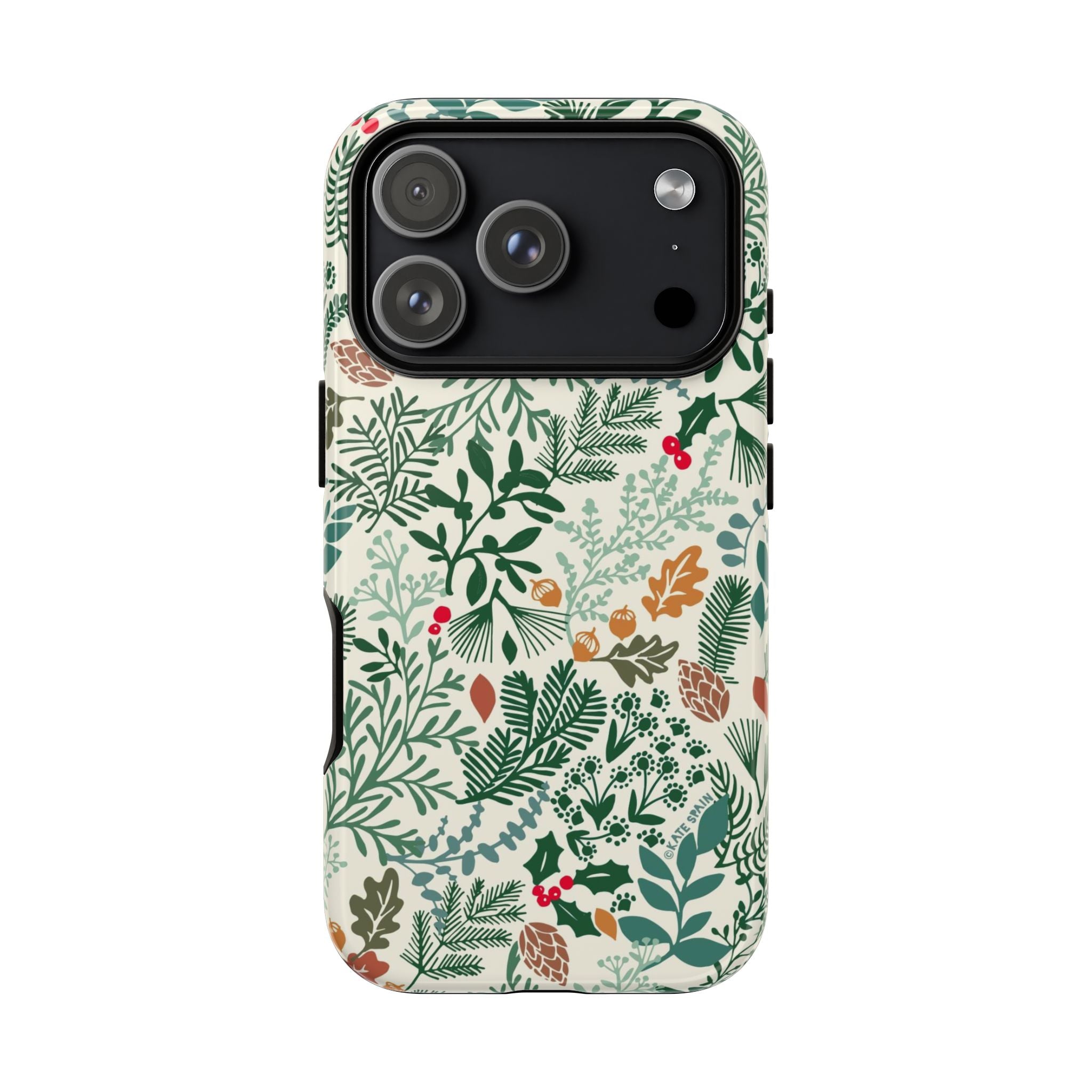 Juniper Tough iPhone 17 Pro Case – Glossy | cream, green, red botanical woodland print