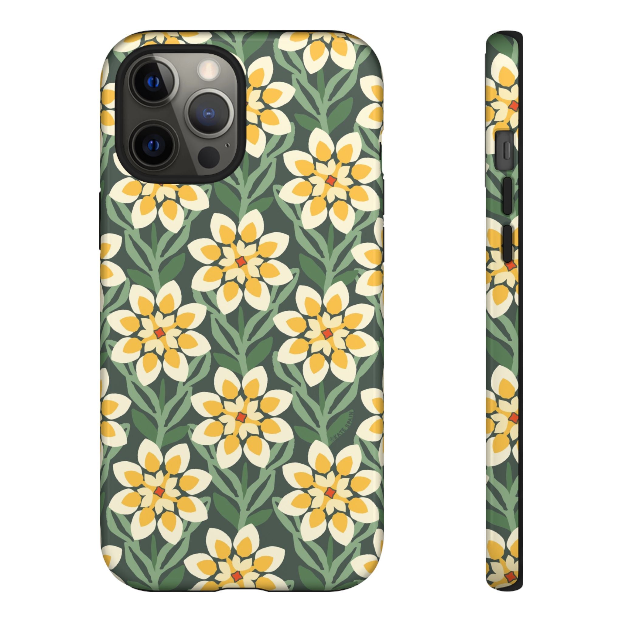 Designer Modern Dahlia Tough iPhone 12 Pro Max Case – Glossy | yellow, cream, green dahlia floral print
