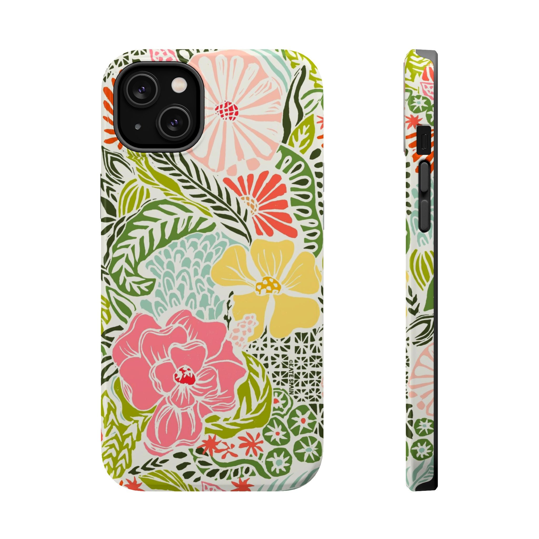 Tropica MagSafe iPhone 14 Plus Case – Glossy | cream, pink, yellow, blue botanical floral print MagSafe compatible, dual-layer protection