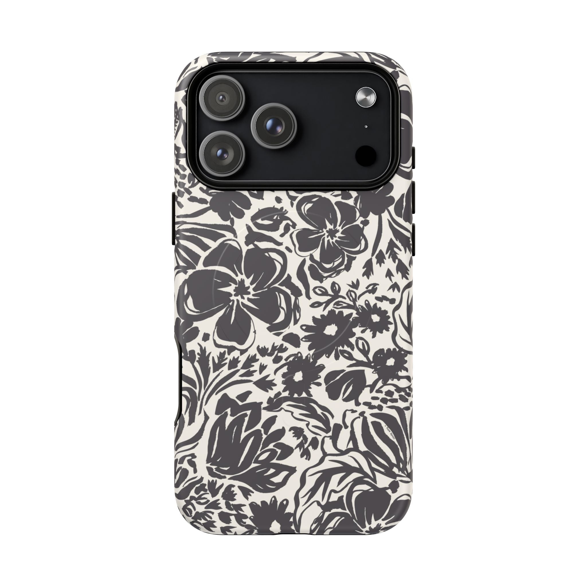 Rhapsody Black MagSafe iPhone 17 Pro Max Matte case — bold charcoal floral print on cream by Kate Spain