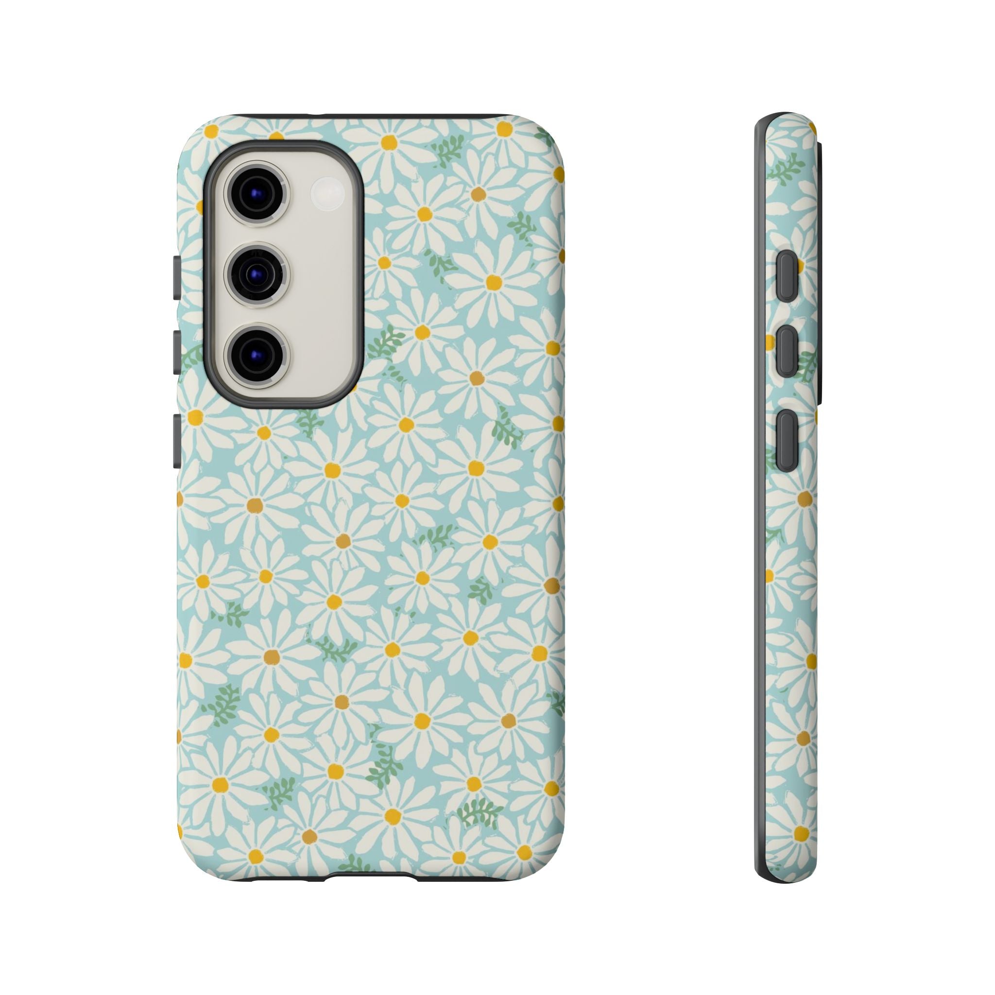 Daisies Samsung Galaxy S23 Case – Matte | sky blue, white daisy print, golden yellow centers, mint green leaves dual-layer protection