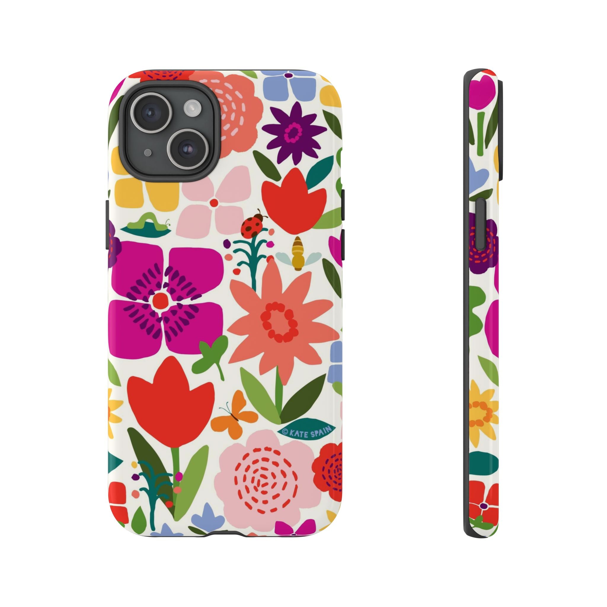 Happy Blooms Tough iPhone 15 Plus Case – Glossy | cream, red, magenta, coral botanical floral print