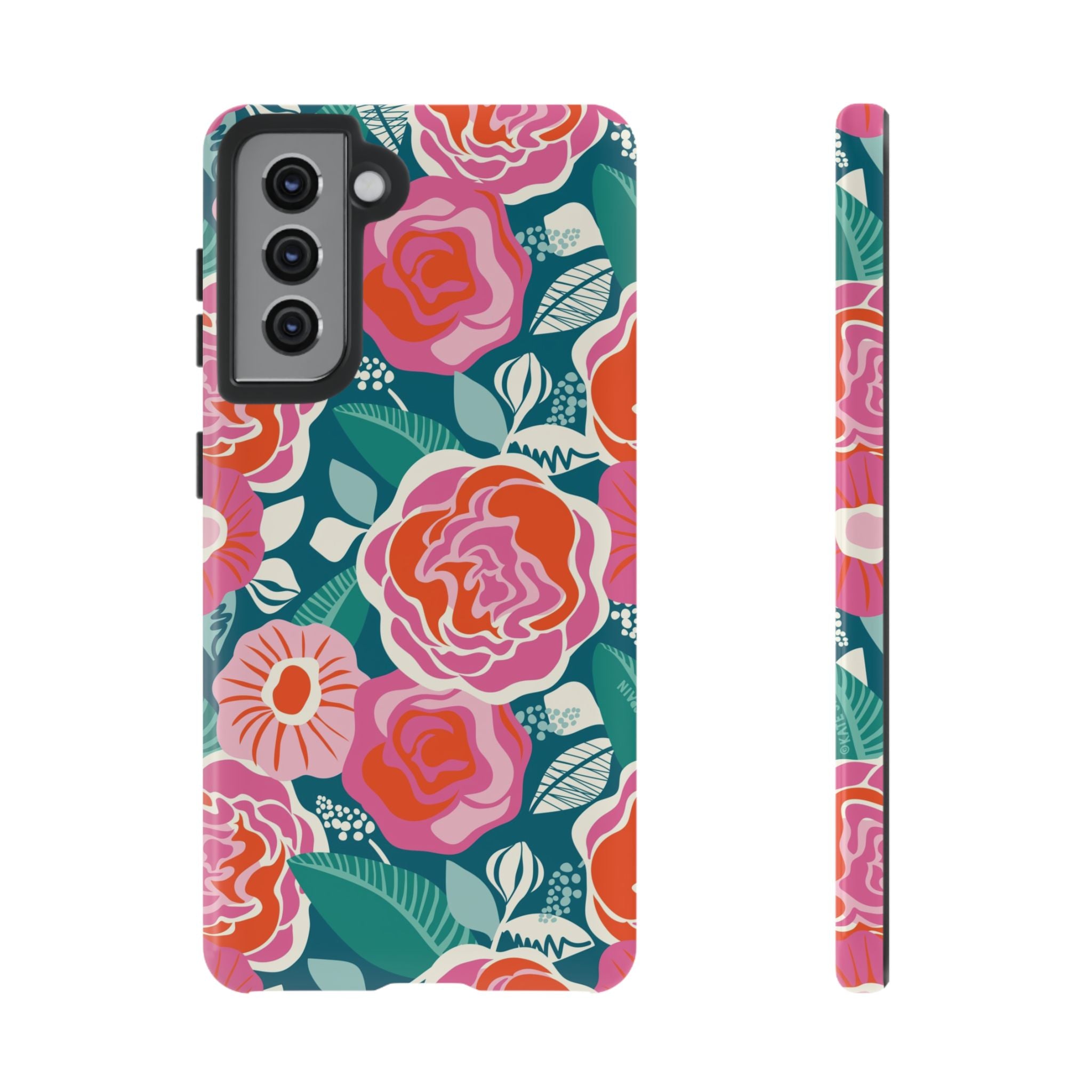 Luxury Tea Rose Teal Samsung Galaxy S21 Case – Glossy | teal, coral, pink botanical rose floral prints