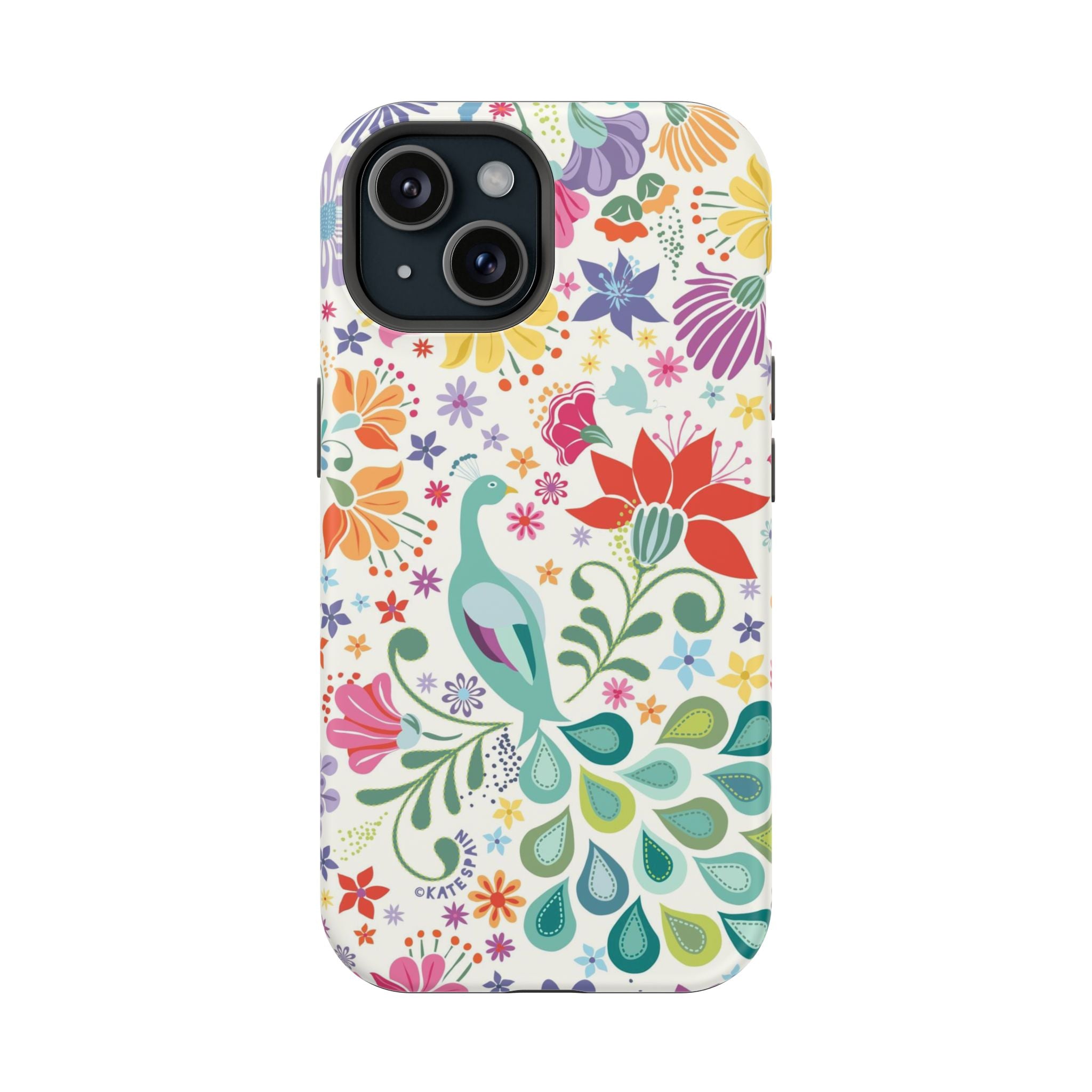 Peacock Sanctuary MagSafe iPhone 15 Case – Matte | ivory, teal, navy peacock botanical print MagSafe compatible, dual-layer protection