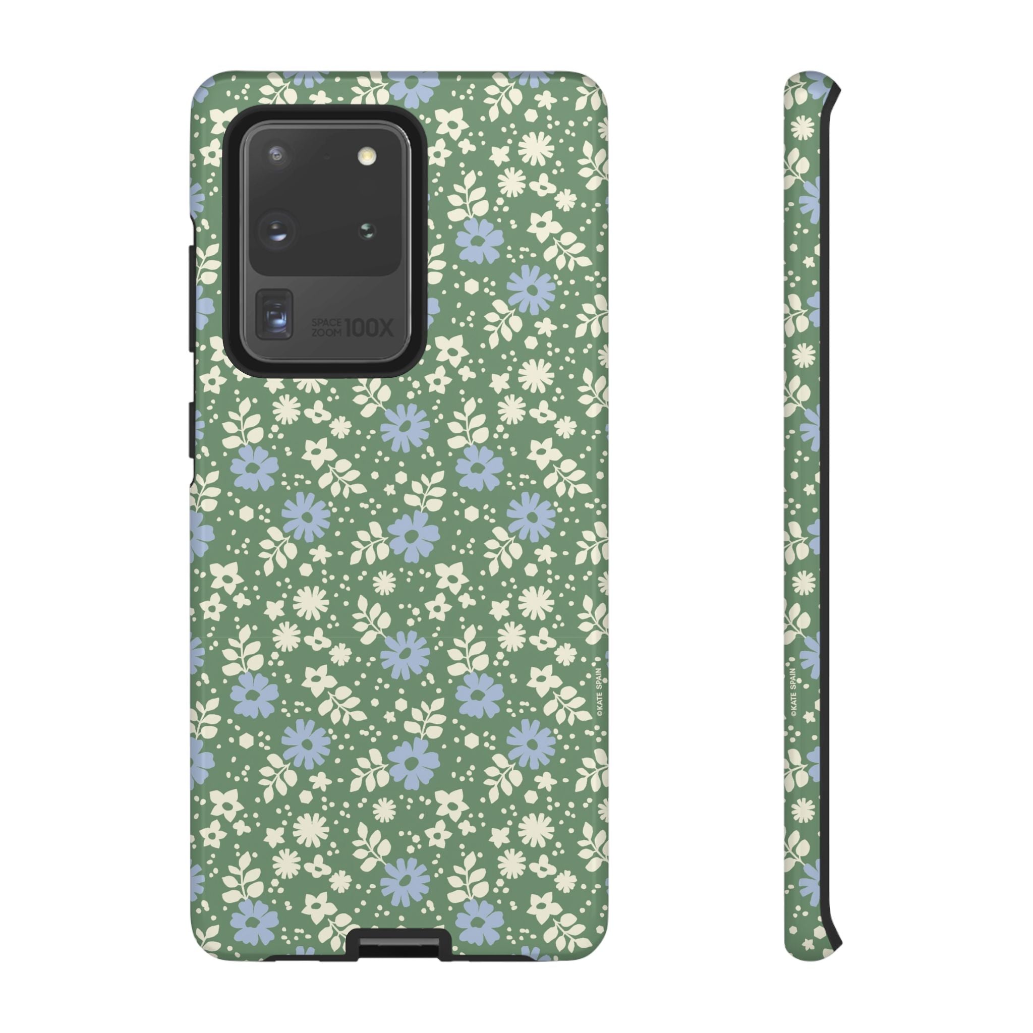 Cottage Core Cute Petaline Samsung Galaxy S20 Ultra Case – Glossy | green background with white and blue ditsy florals