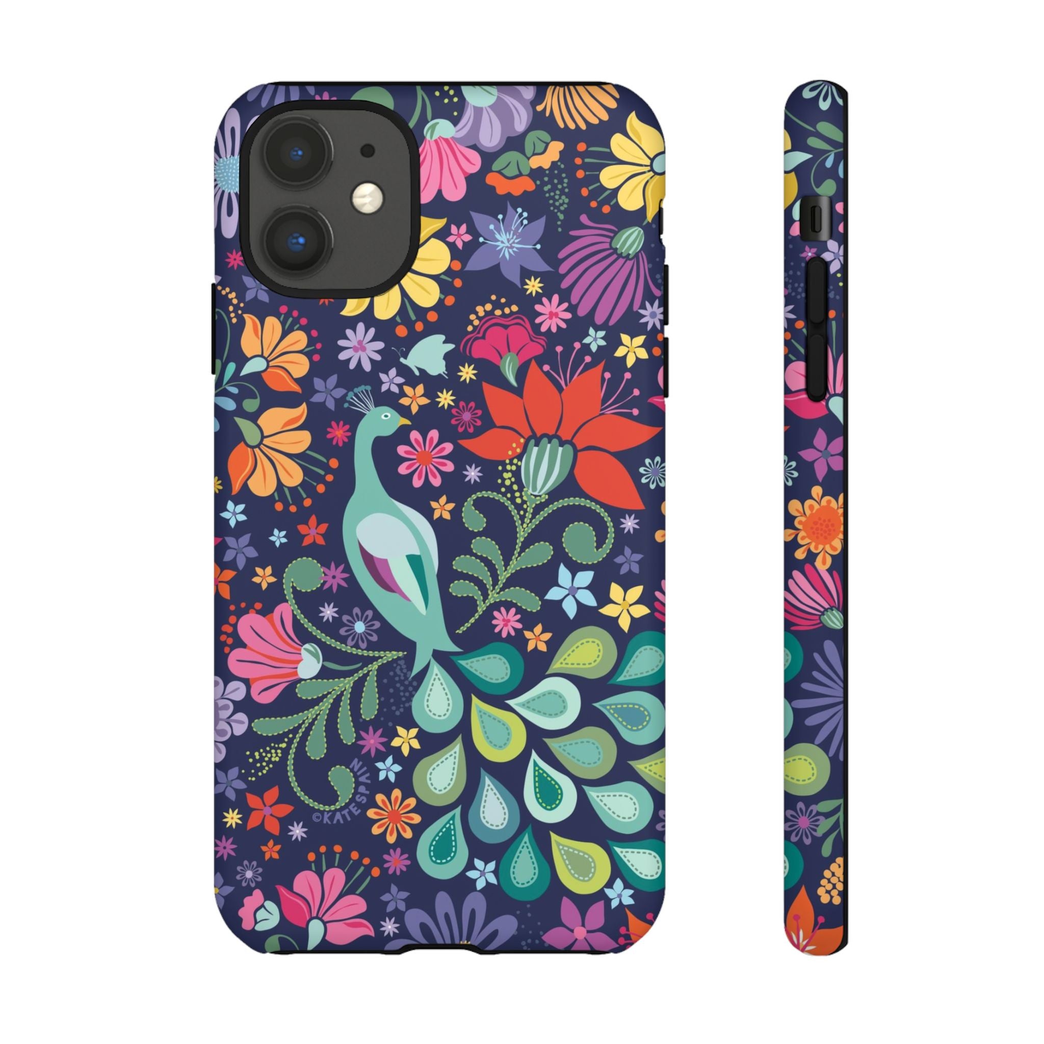 Peacock Sanctuary Tough iPhone 11 Case – Matte | navy, teal, coral multicolor vibrant peacock feather botanical print