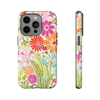 Terrain Day Tough iPhone 14 Pro Case – Glossy | white, magenta, coral botanical woodland floral print