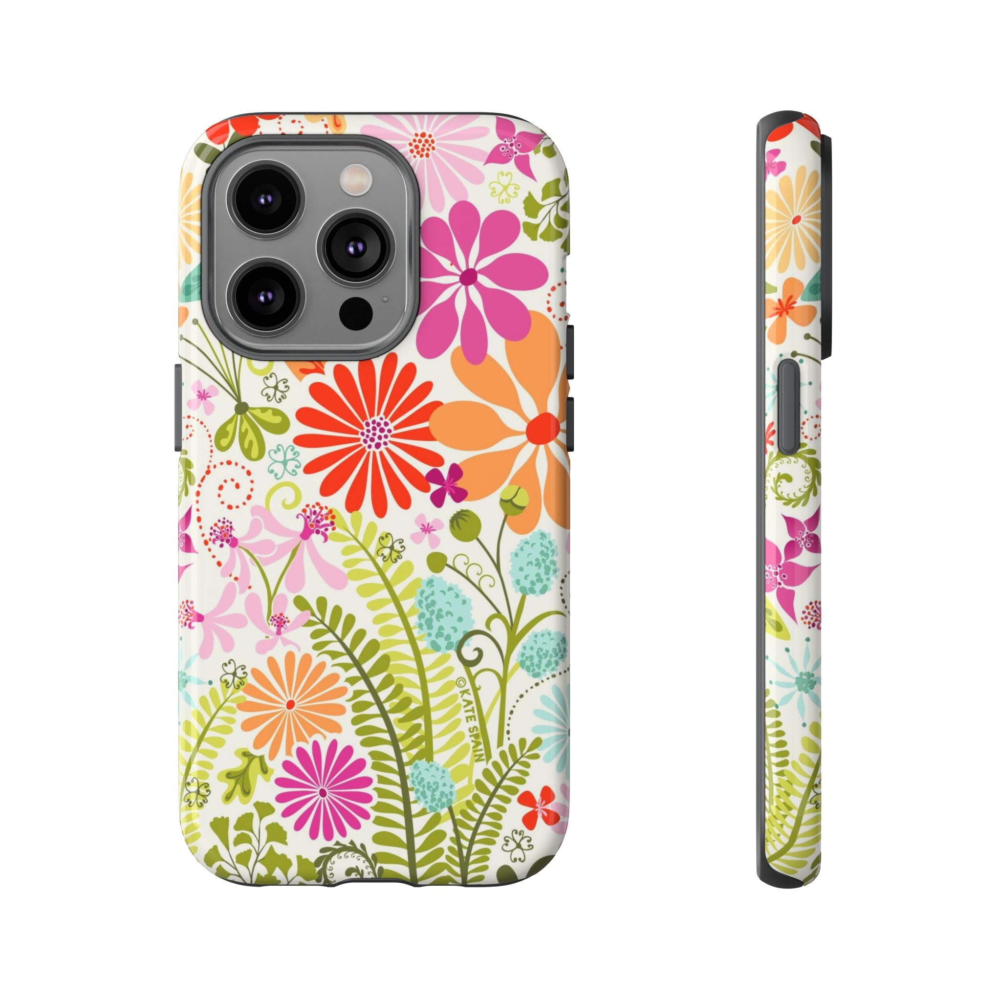 Luxury Terrain Tough iPhone 14 Pro Case – Glossy | white, magenta, coral botanical woodland floral print