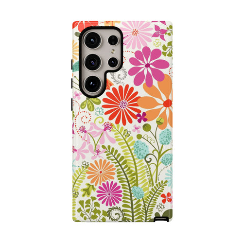 Luxury Terrain Samsung Galaxy S24 Ultra Case – Glossy | white, magenta, coral botanical woodland floral print