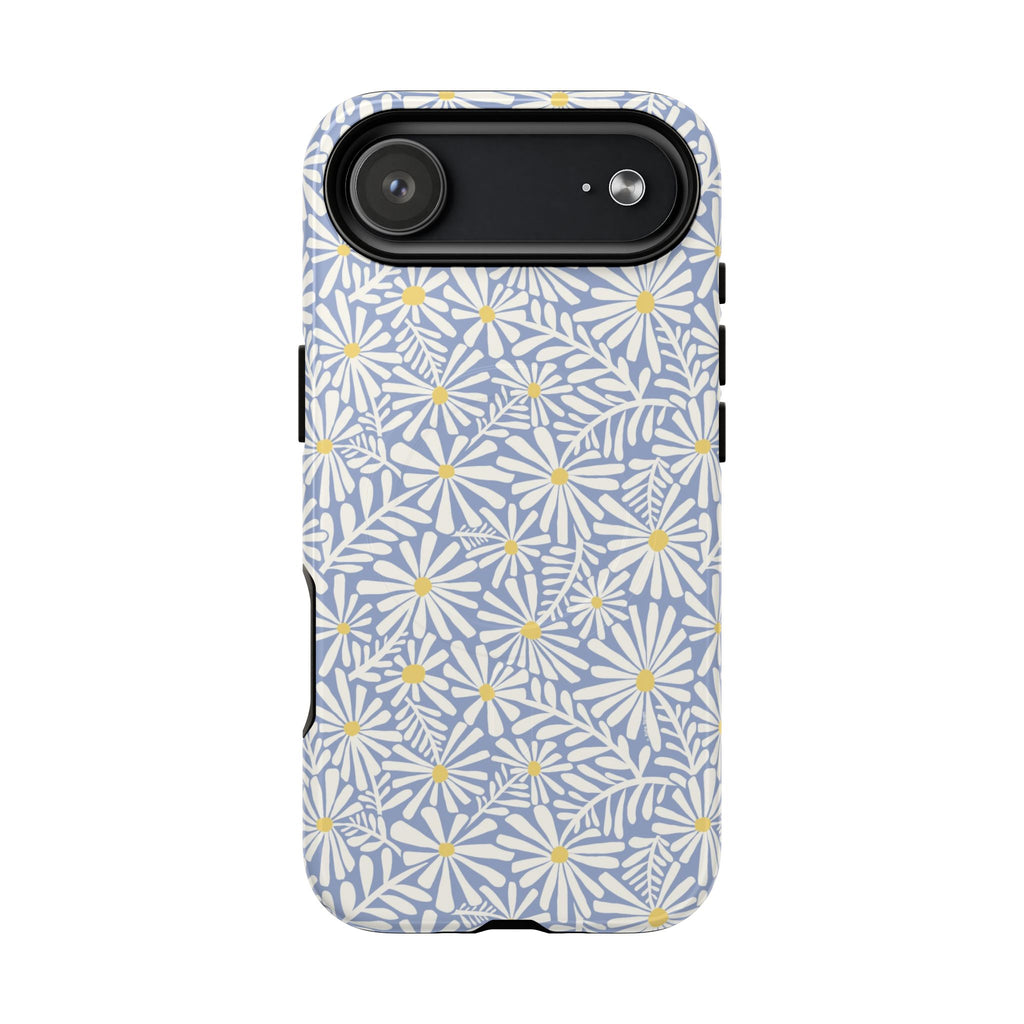 Montauk Daisy Cottage Blue MagSafe iPhone 17 Air Case – Glossy | periwinkle blue, white graphic daisy and fern print, golden yellow centers MagSafe compatible, dual-layer protection