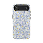 Montauk Daisy Cottage Blue MagSafe iPhone 17 Air Case – Glossy | periwinkle blue, white graphic daisy and fern print, golden yellow centers MagSafe compatible, dual-layer protection