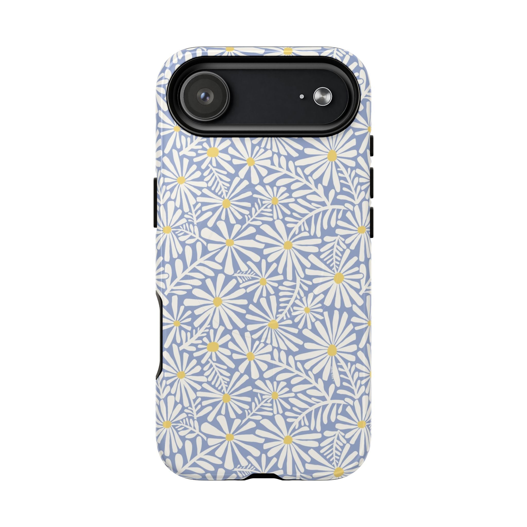 Montauk Daisy Cottage Blue MagSafe iPhone 17 Air Case – Glossy | periwinkle blue, white graphic daisy and fern print, golden yellow centers MagSafe compatible, dual-layer protection