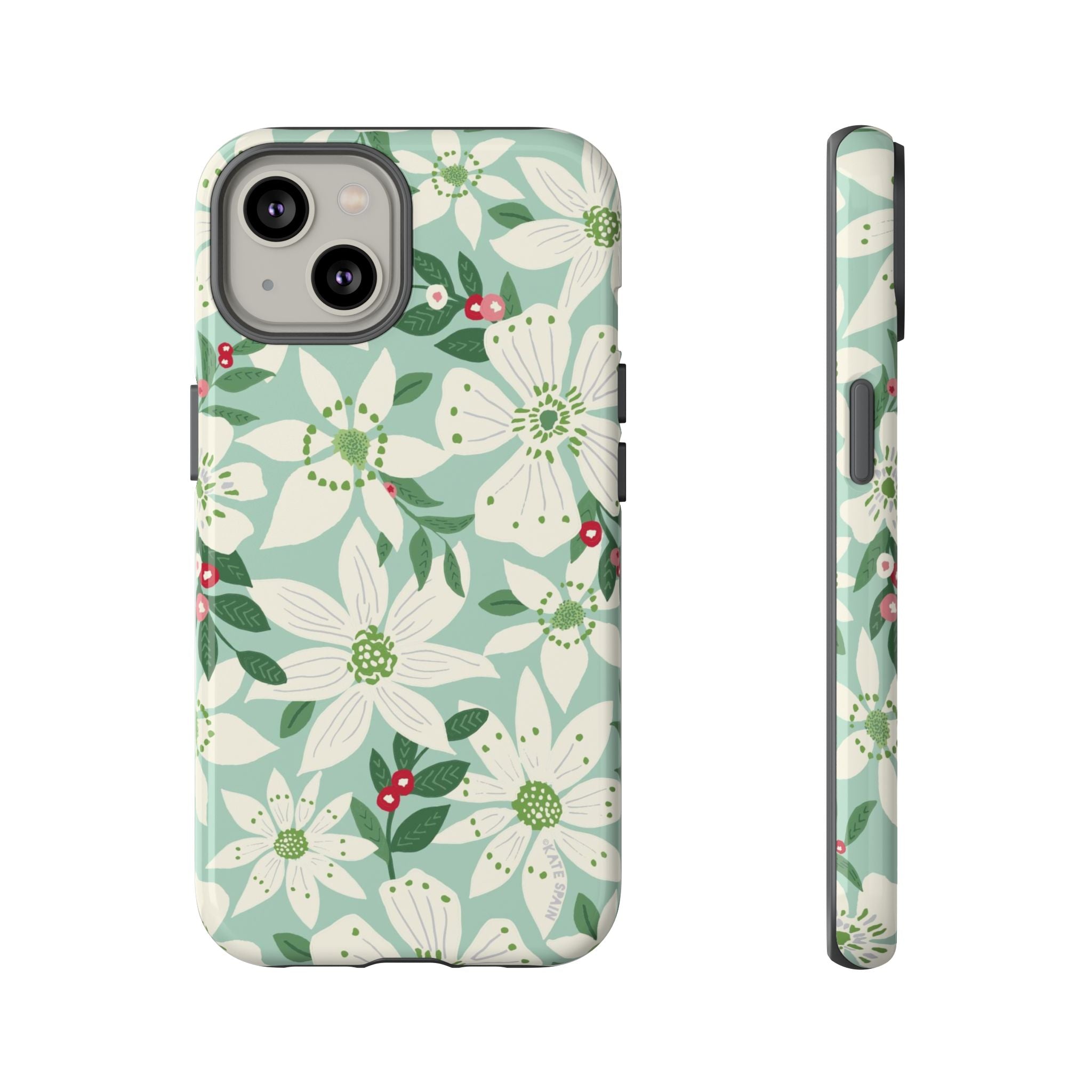Gardenia Tough iPhone 14 Case – Glossy | light blue, white, green, red gardenia botanical print