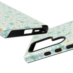 Daisies Samsung Galaxy S25 Ultra Case – Glossy | sky blue, white daisy print, golden yellow centers, mint green leaves | two duplicate cases showing ports, camera cutout space, and buttons