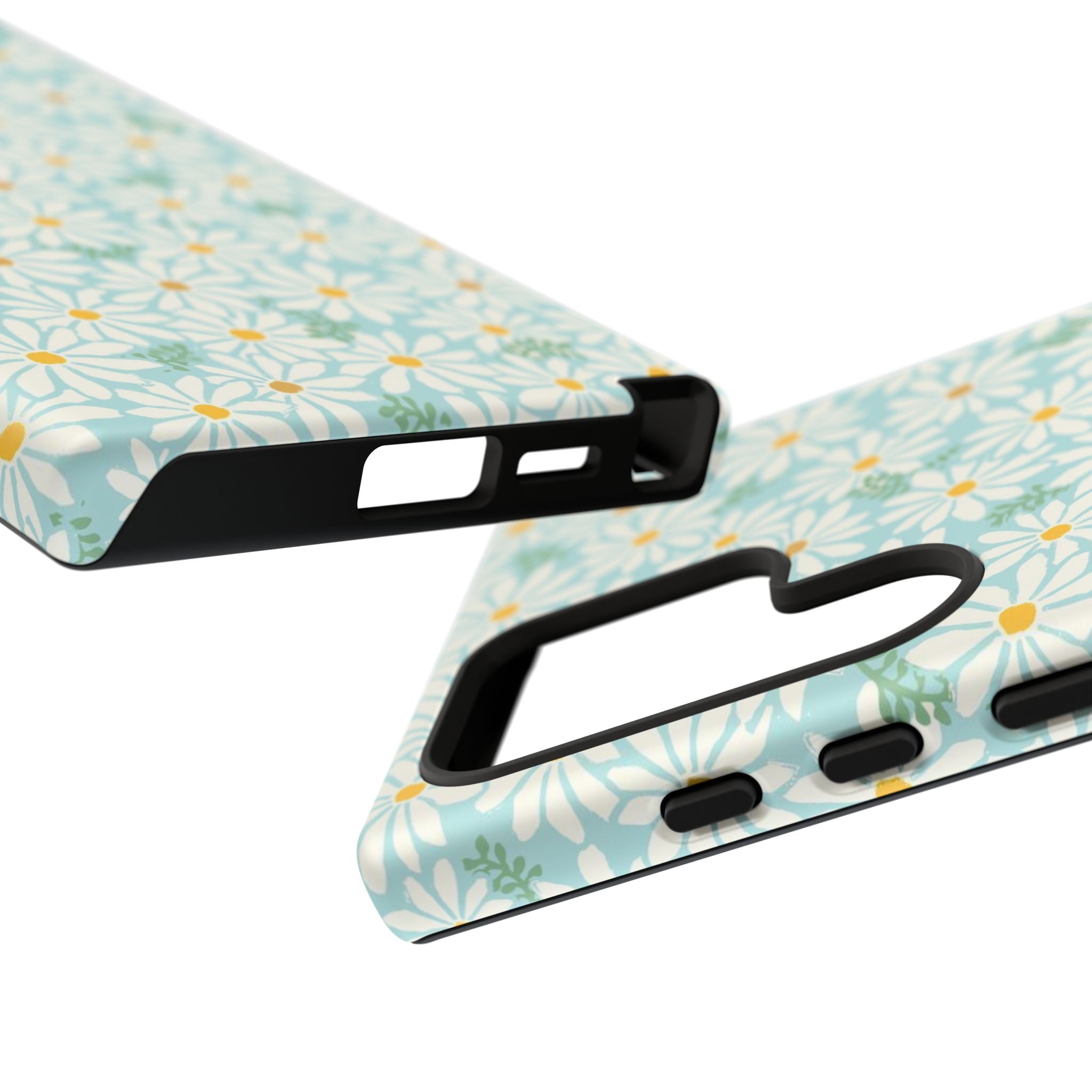 Daisies Samsung Galaxy S25 Ultra Case – Glossy | sky blue, white daisy print, golden yellow centers, mint green leaves | two duplicate cases showing ports, camera cutout space, and buttons