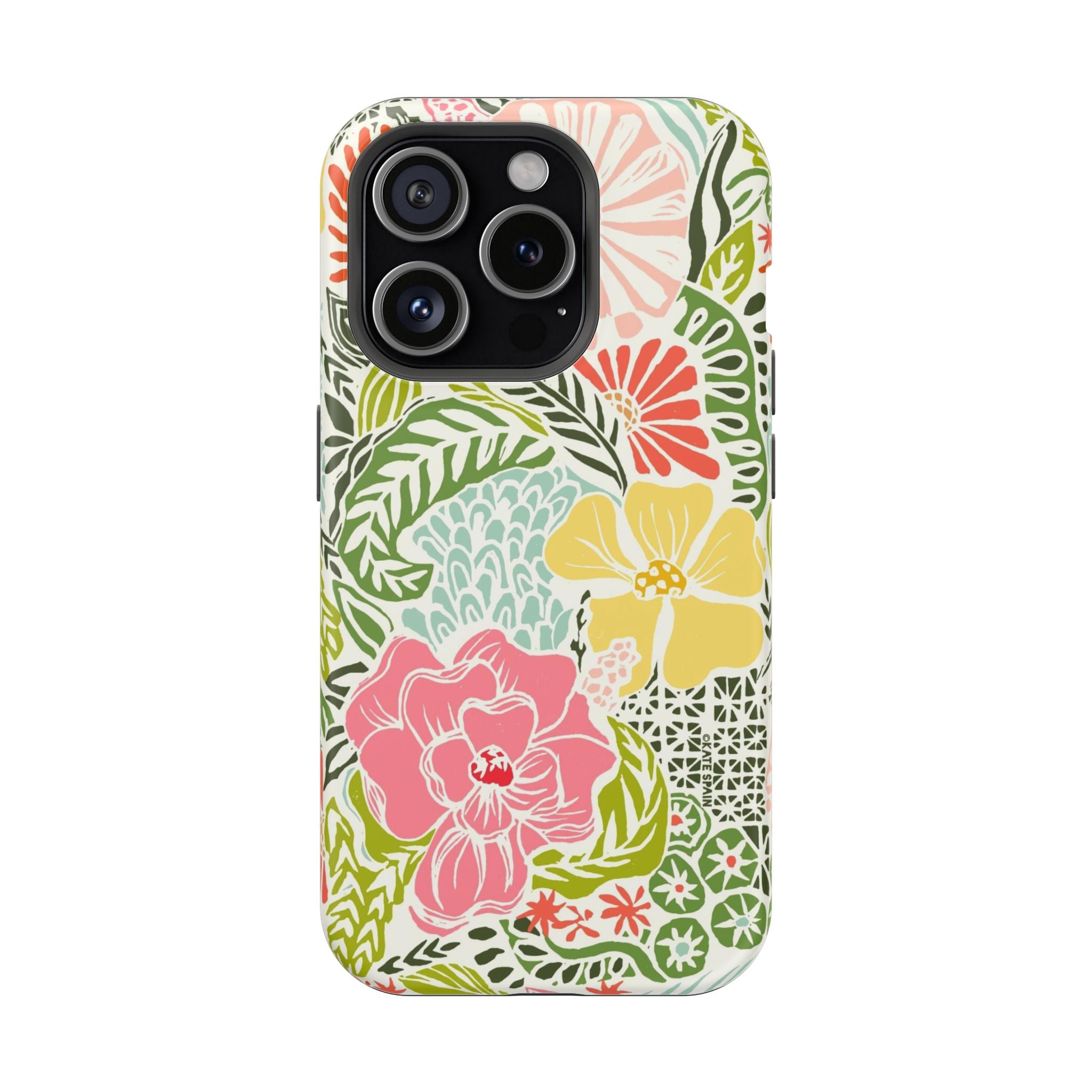 Tropica MagSafe iPhone 15 Pro Case – Matte | cream, pink, yellow, blue botanical floral print MagSafe compatible, dual-layer protection
