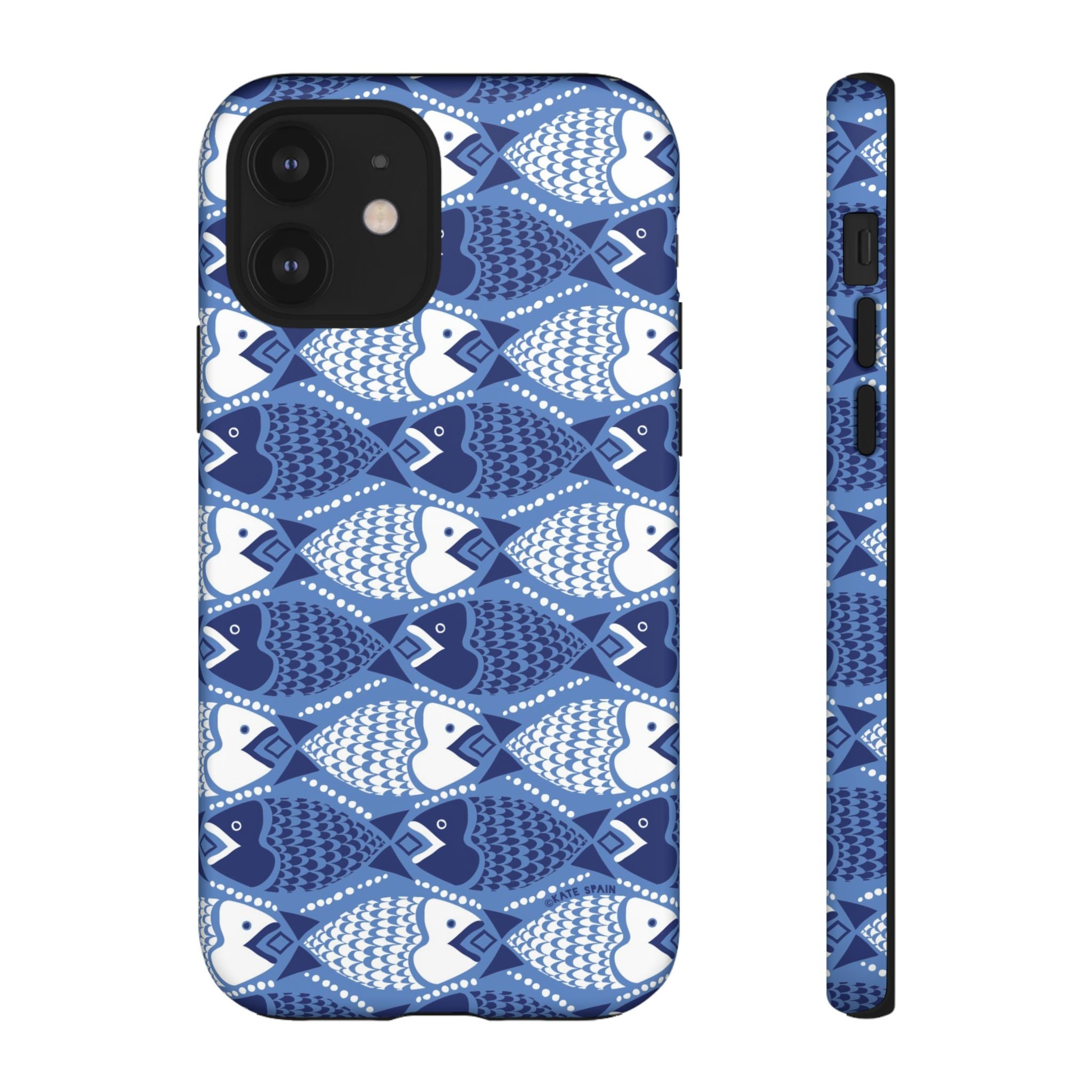 Catch of the Day Tough iPhone 12 Case – Matte | navy, blue, white geometric fish print