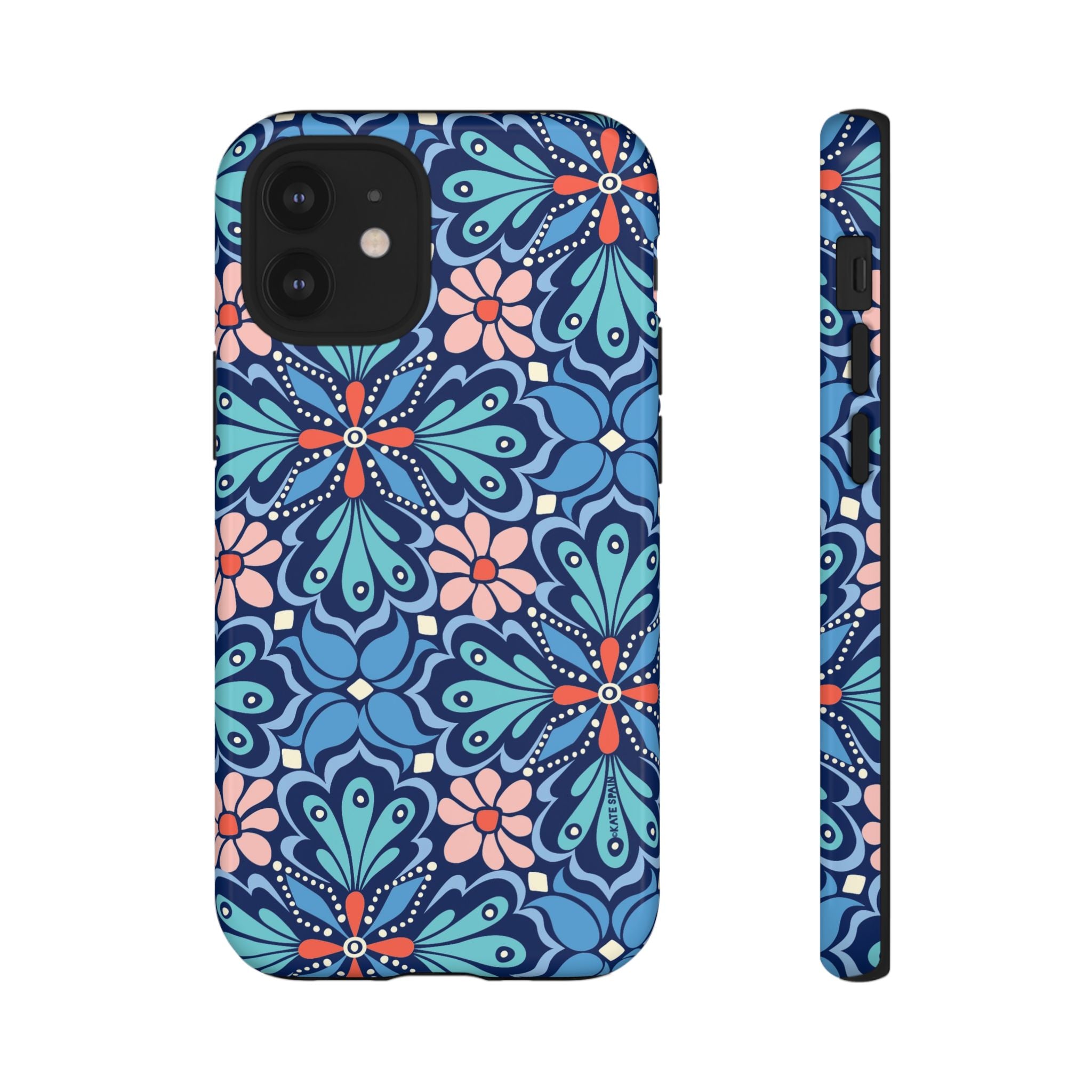 Bolero Tough iPhone 12 Mini Case – Glossy | navy, cobalt, blush geometric medallion floral print