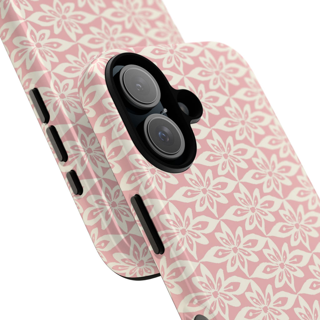Lily Pastel Pink iPhone 17 Case – Glossy | angled view showing camera cutout and buttons — botanical phone case by Kate Spain
