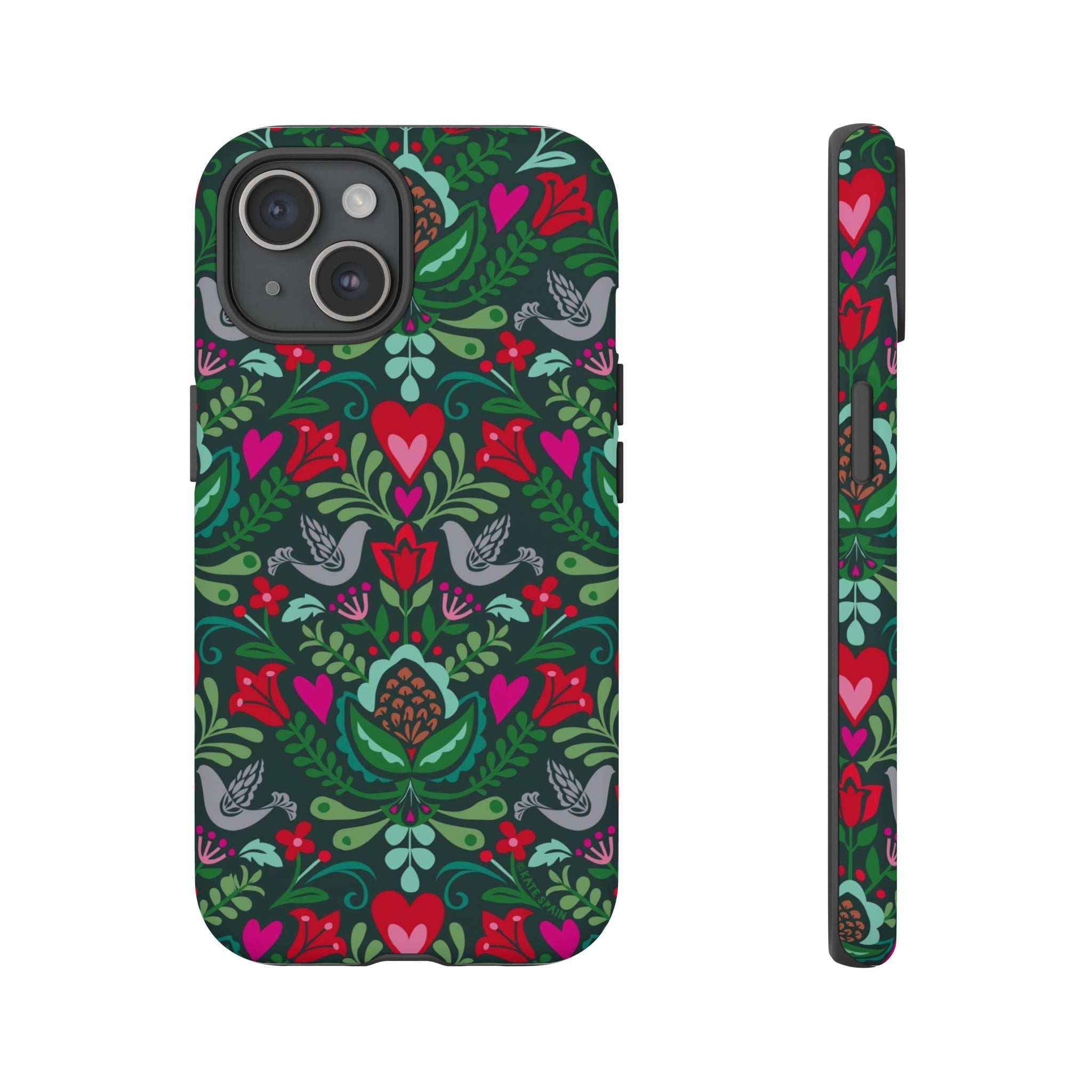 Rosemaling Tough iPhone 15 Case – Matte | dark green, red, pink, gray folk art floral bird print