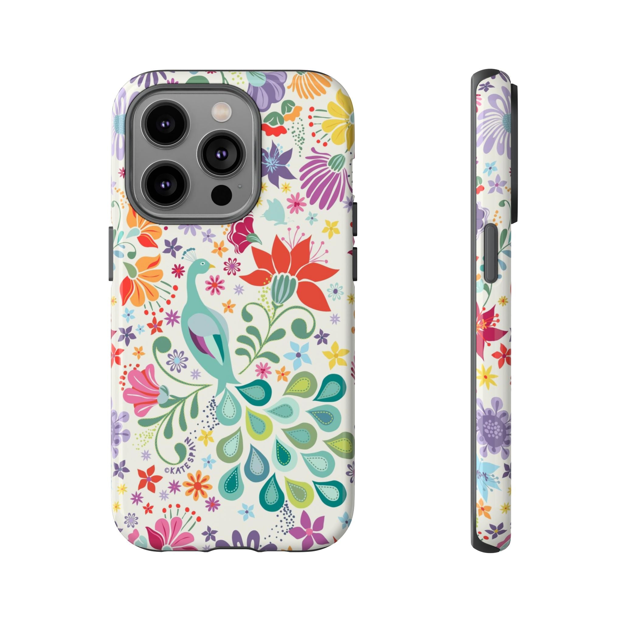 Peacock Sanctuary Tough iPhone 14 Pro Case – Glossy | white, teal, coral multicolor vibrant peacock feather botanical print