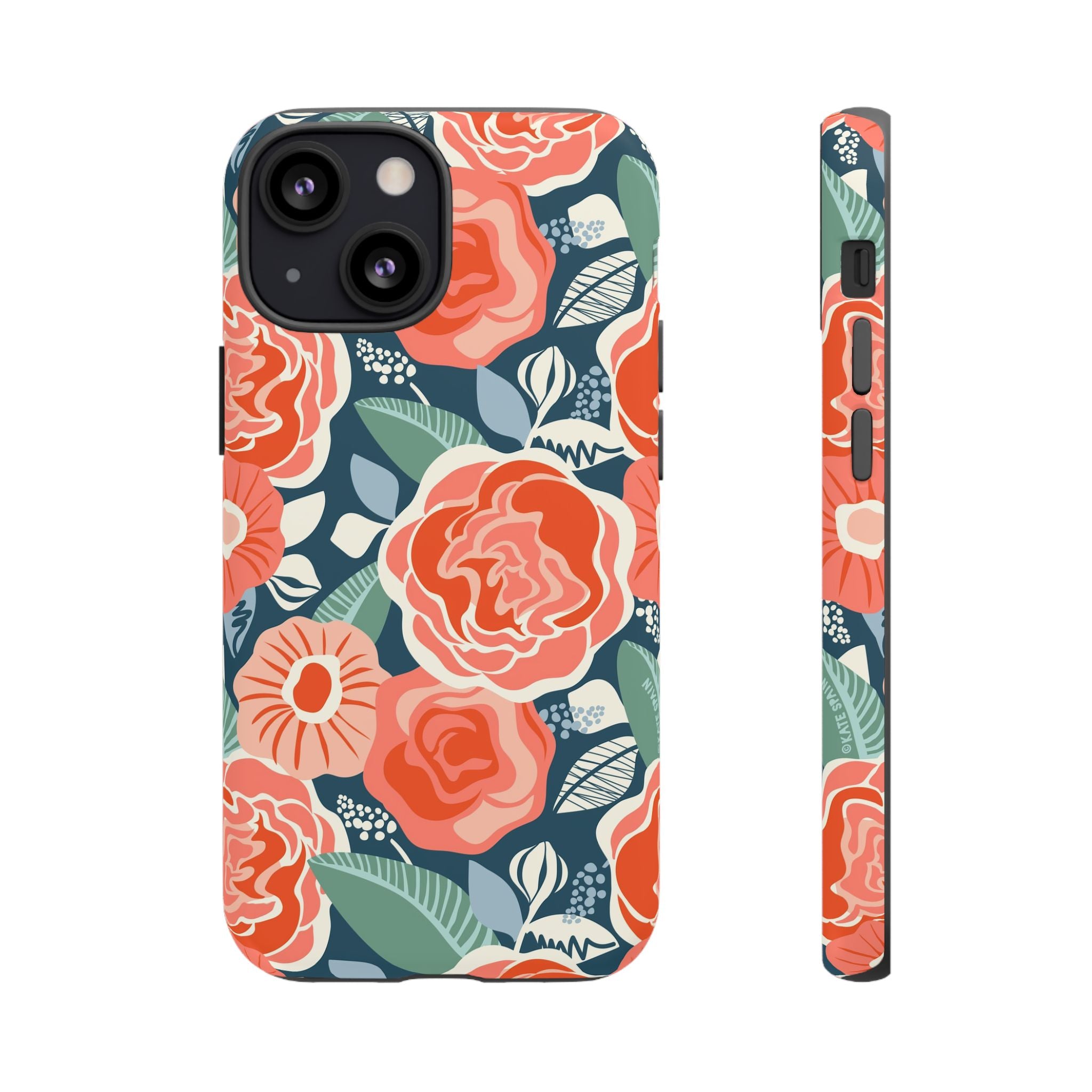 Tea Rose Navy Tough iPhone 13 Pro Case – Glossy | navy, coral, pink, cream rose floral print