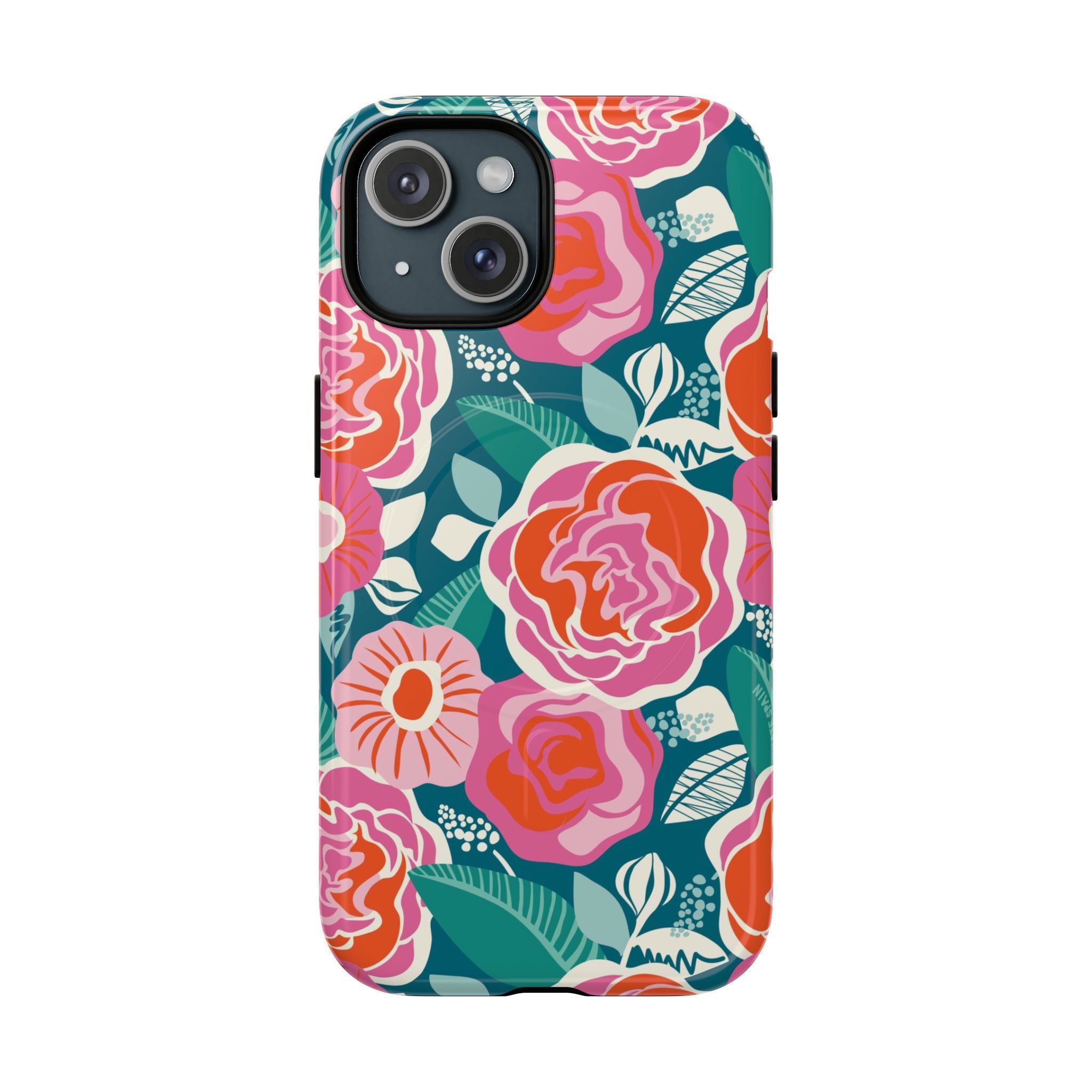 Luxury Tea Rose Teal MagSafe iPhone 15 Case – Glossy | teal, coral, pink botanical rose floral print