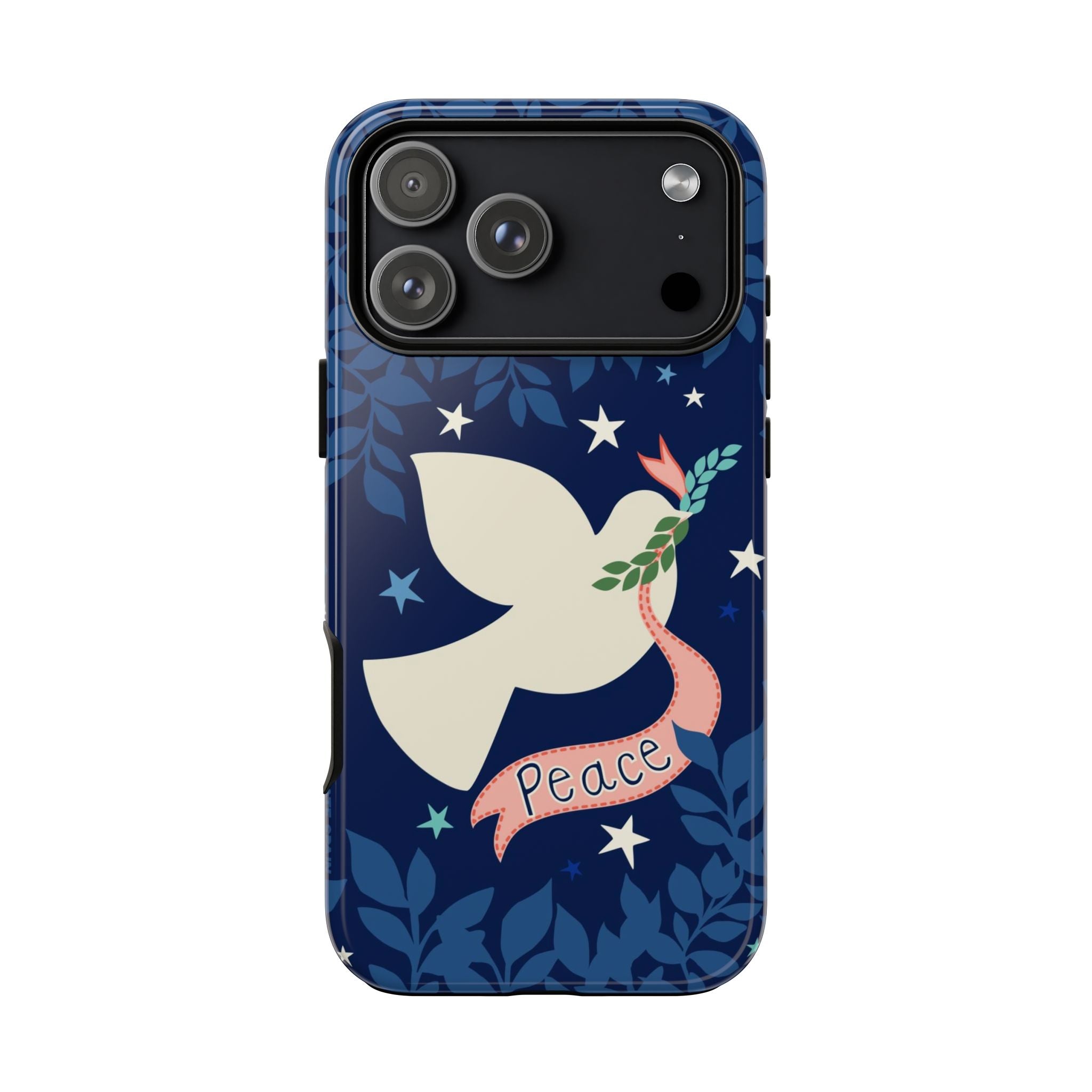 Peace Tough iPhone 17 Pro Max Case – Glossy | navy, cream peace dove, stars, botanical print