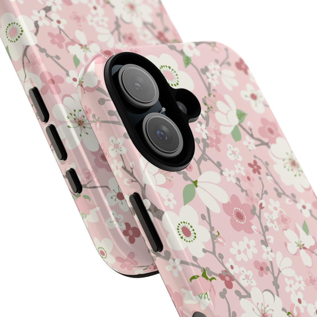 Luxury Pink Cherry Blossom Tough iPhone 17 Case – detail view of 2 lenses in camera | light pink, white, cherry blossom floral print