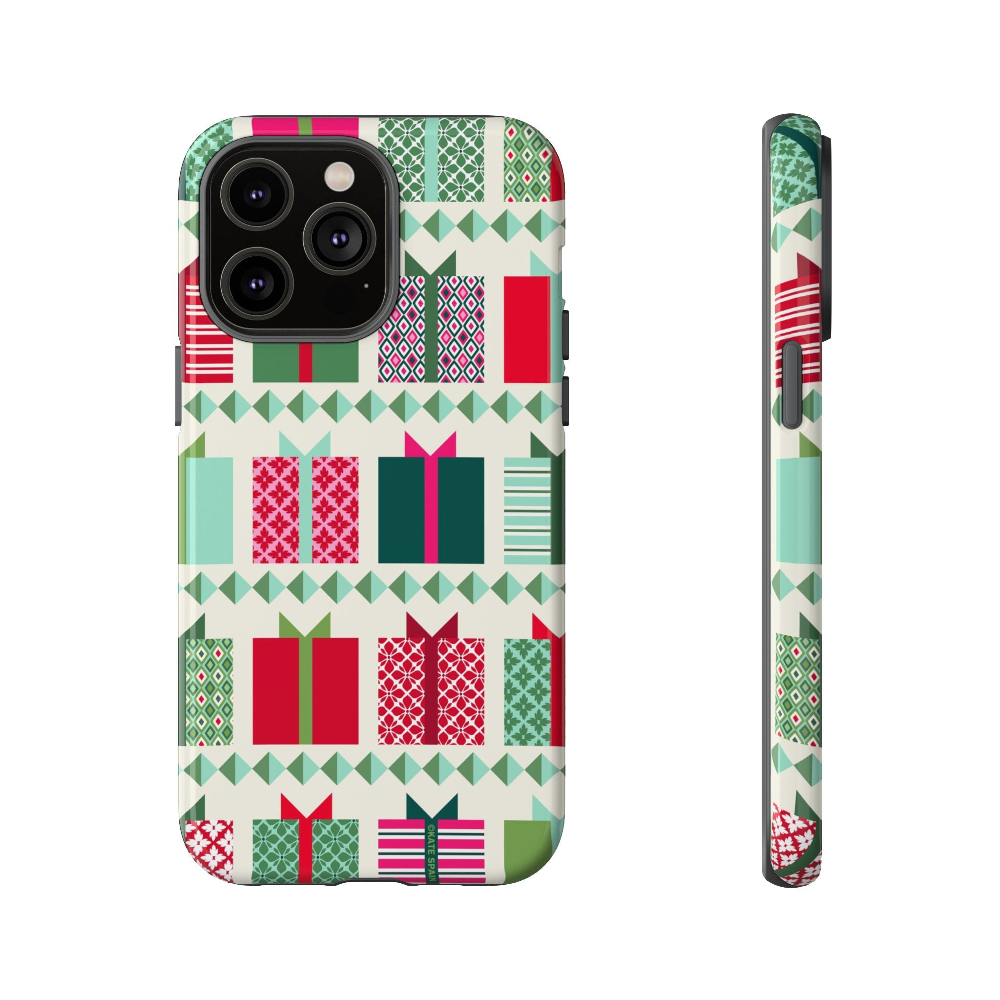 All Wrapped Up Tough iPhone 14 Pro Max Case – Glossy | cream, red, pink, green, mint geometric gift wrap holiday print