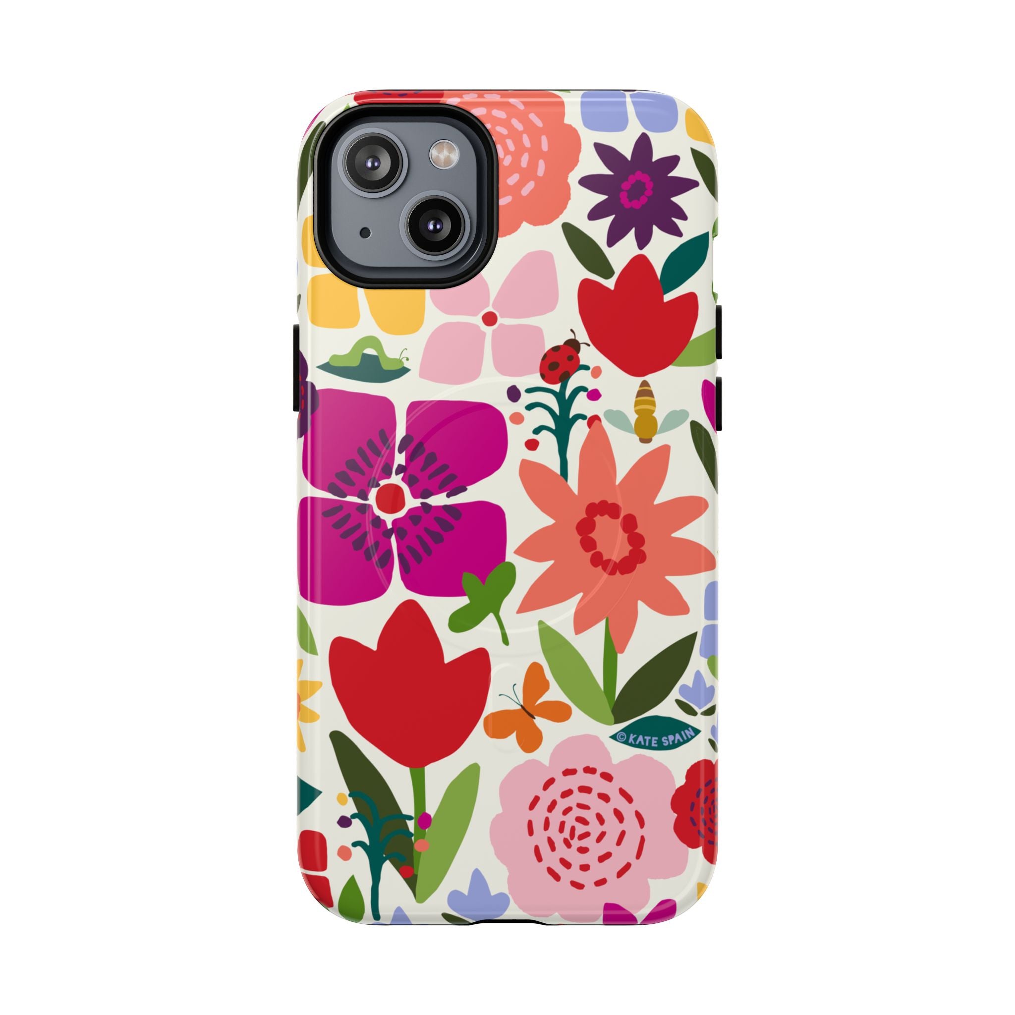 Happy Blooms MagSafe iPhone 14 Plus Case – Glossy | cream, red, magenta, coral botanical floral print