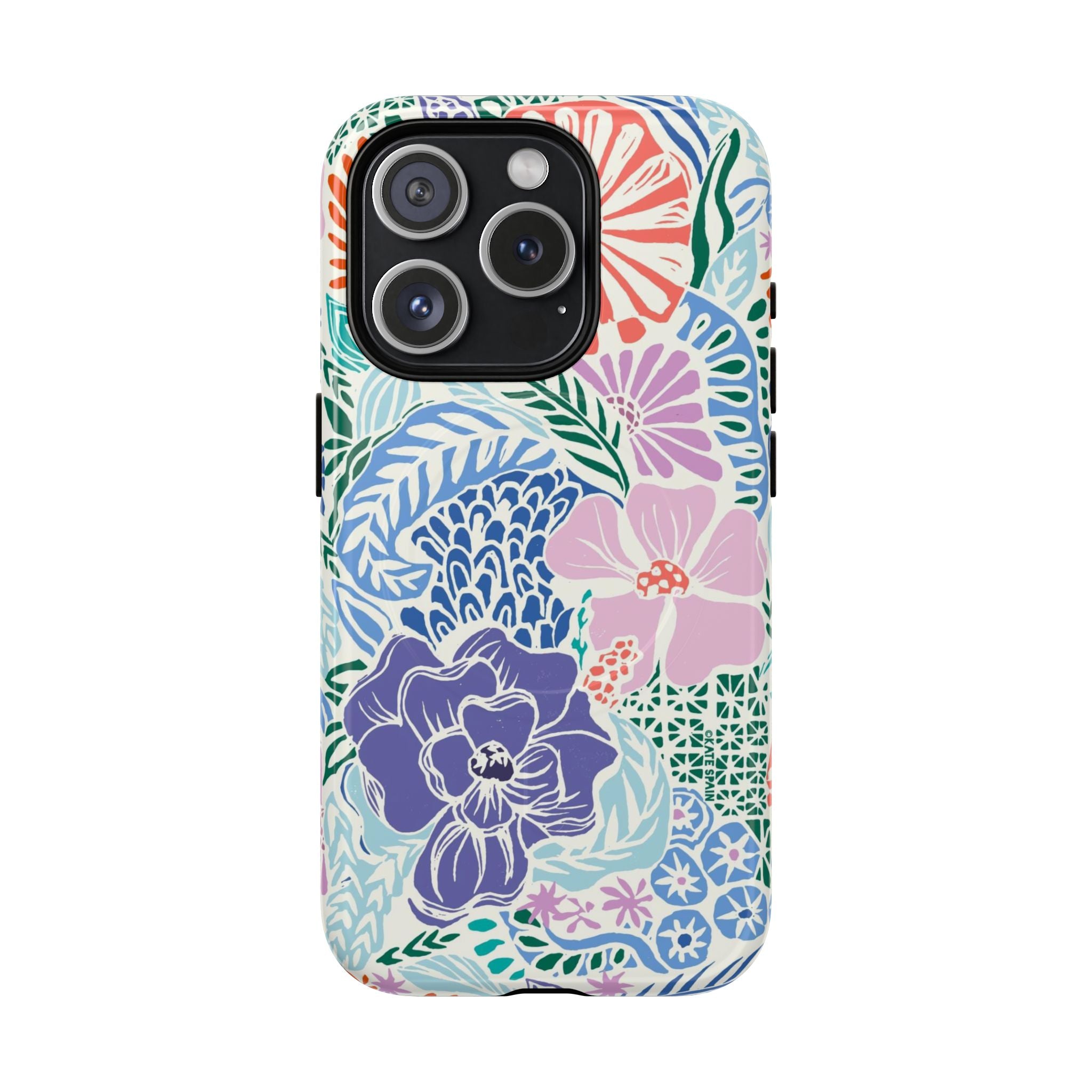 Tropica MagSafe iPhone 15 Pro Case – Glossy | purple, coral, pink, blue botanical tropical floral print