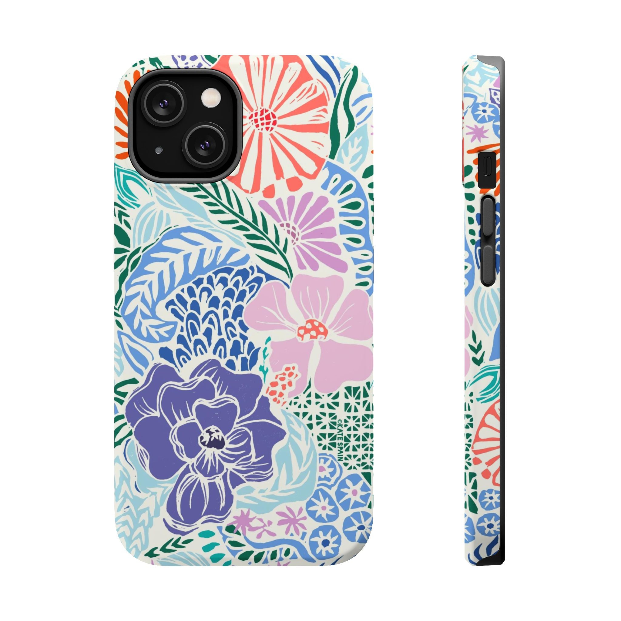Tropica MagSafe iPhone 14 Case – Matte | purple, coral, pink, blue botanical tropical floral print MagSafe compatible, dual-layer protection
