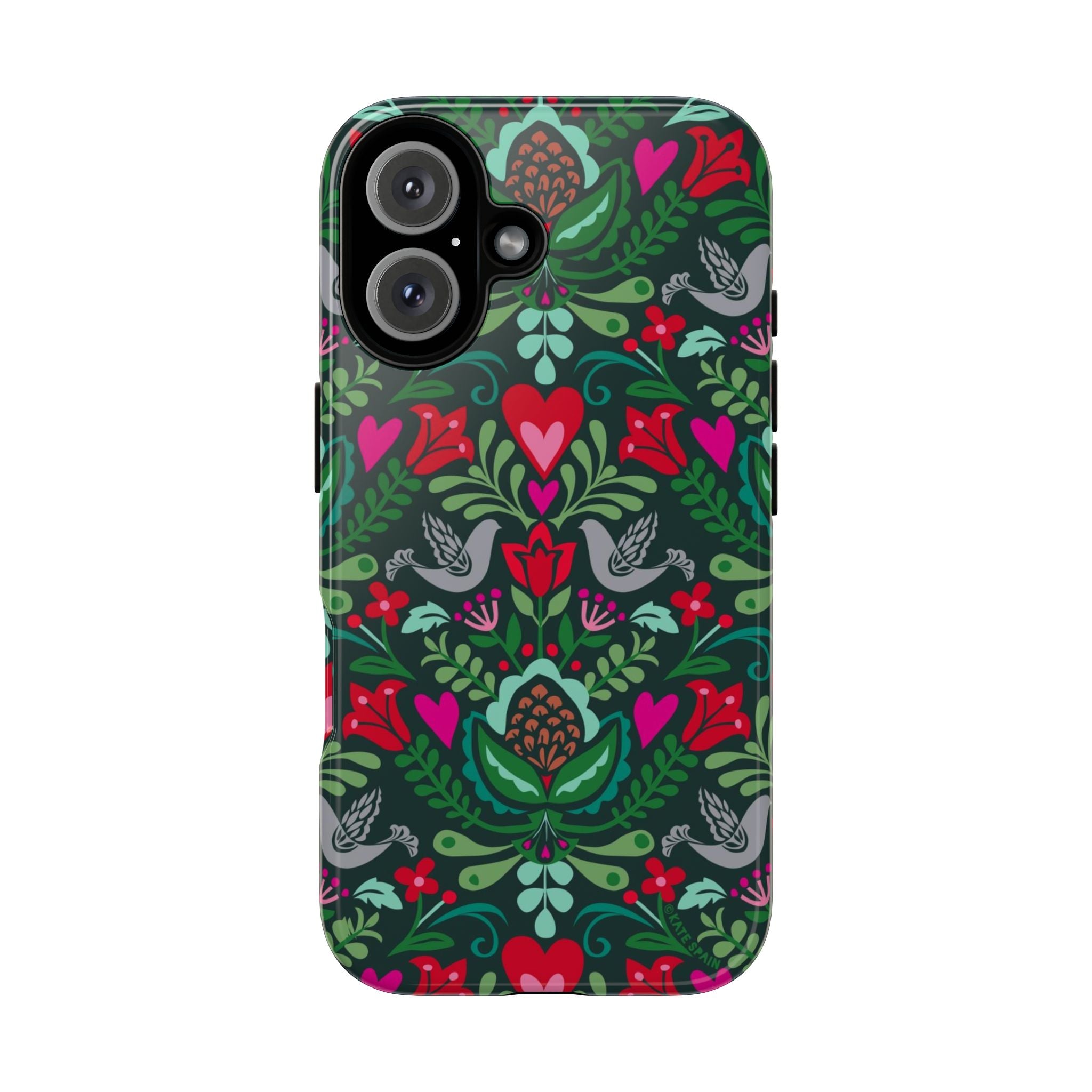 Rosemaling Tough iPhone 16 Case – Glossy | dark green, red, pink, gray folk art floral bird print