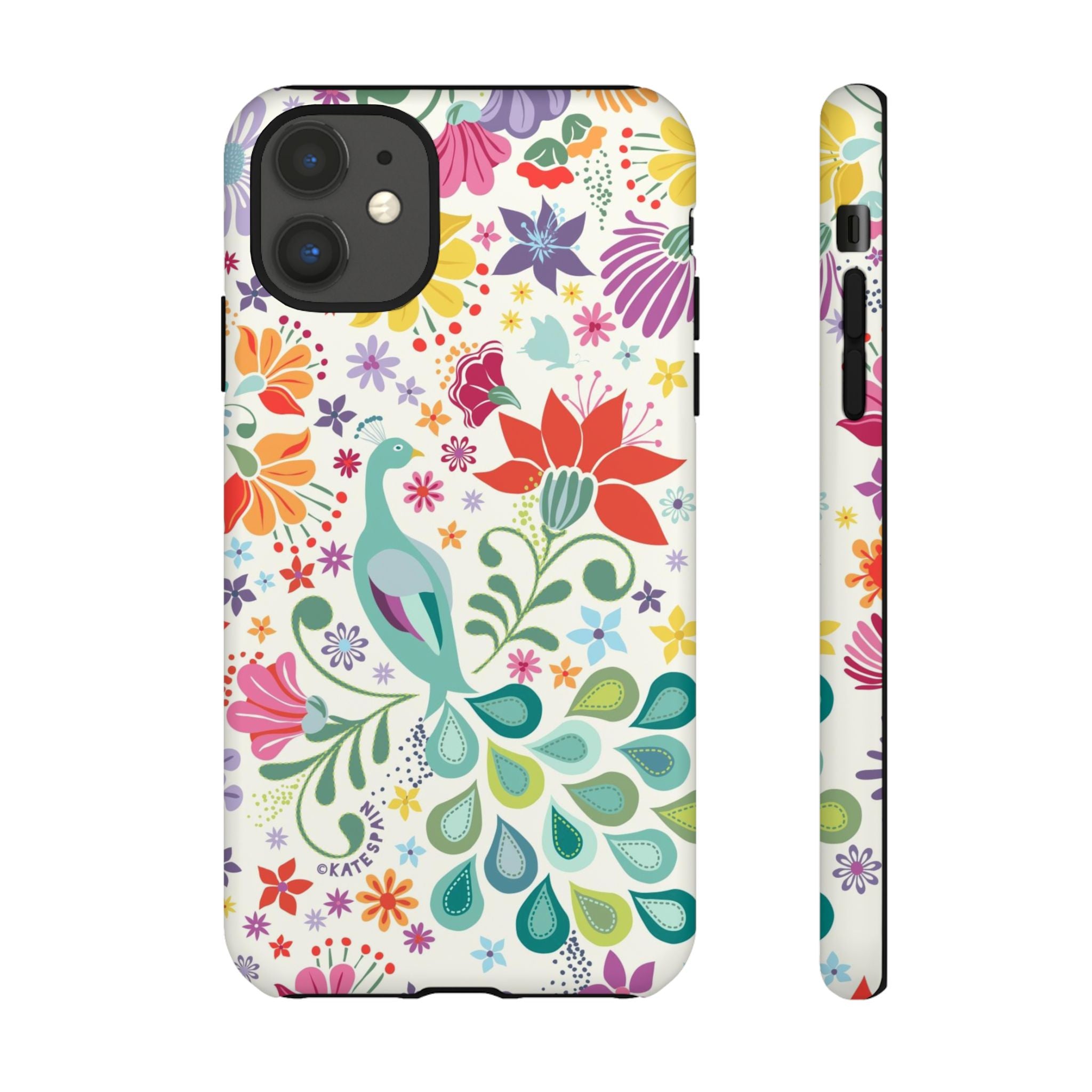 Peacock Sanctuary Tough iPhone 11 Case – Matte | white, teal, coral multicolor vibrant peacock feather botanical print
