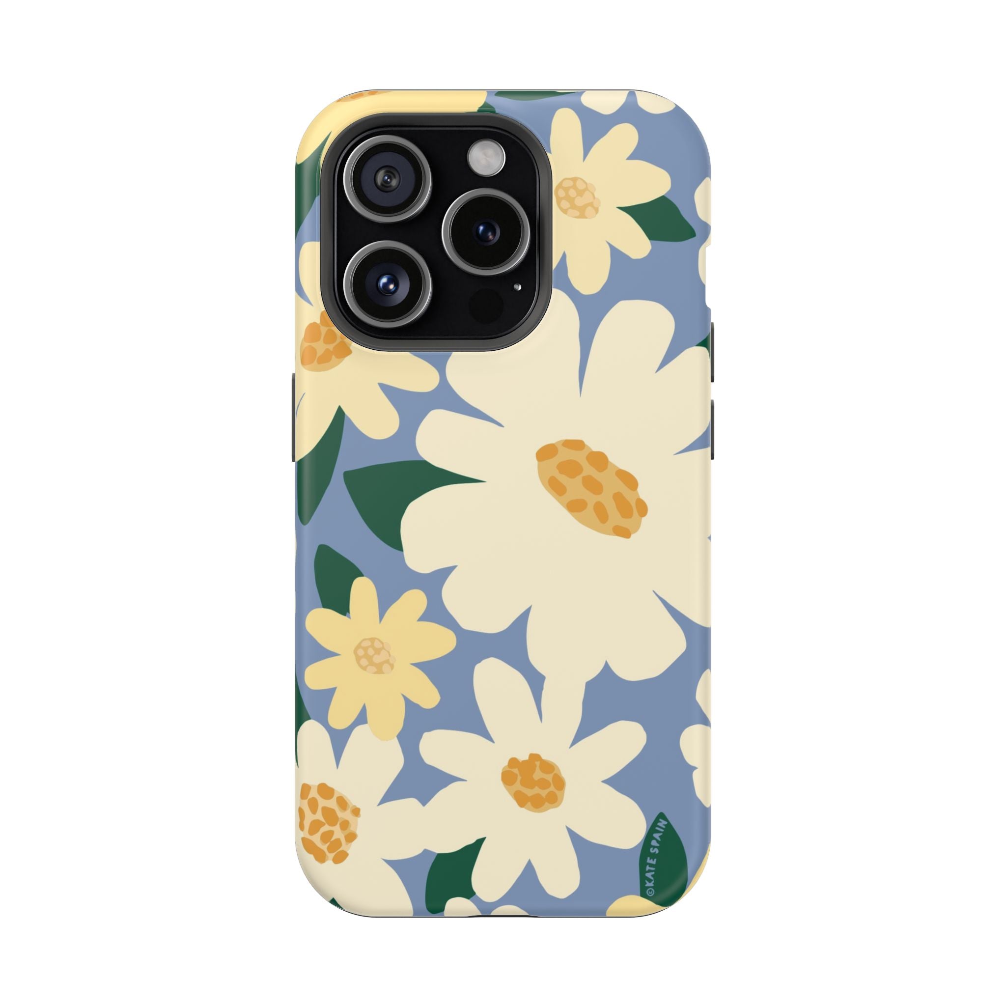 Chamomile MagSafe iPhone 15 Pro Case – Matte | periwinkle, cream, yellow botanical daisy floral print MagSafe compatible, dual-layer protection