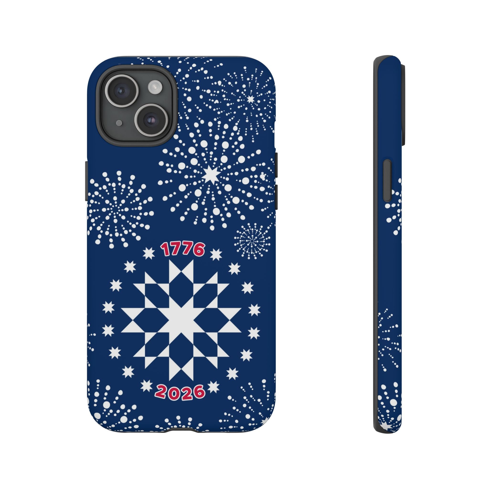 250th Fireworks Tough iPhone 15 Plus Case – Matte | navy, white patriotic star quilt fireworks print
